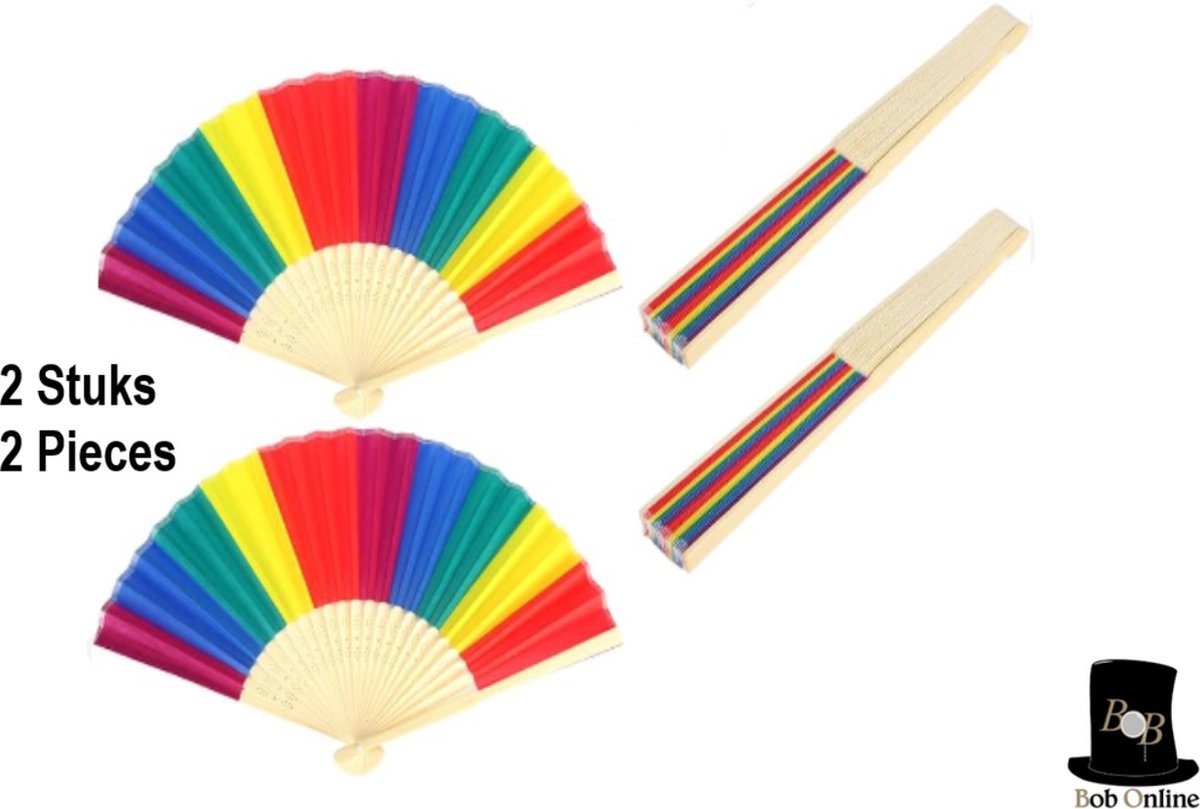 Bob Online™ - 2 Stuks – Regenboog Handwaaier – Regenboog Waaiers – Pride Handwaaier – Festival Gekleurde Handwaaier – Rainbow Hand Held Fan – Spaanse Waaier – 38cm Open Afmetingen - Festival Handwaaier