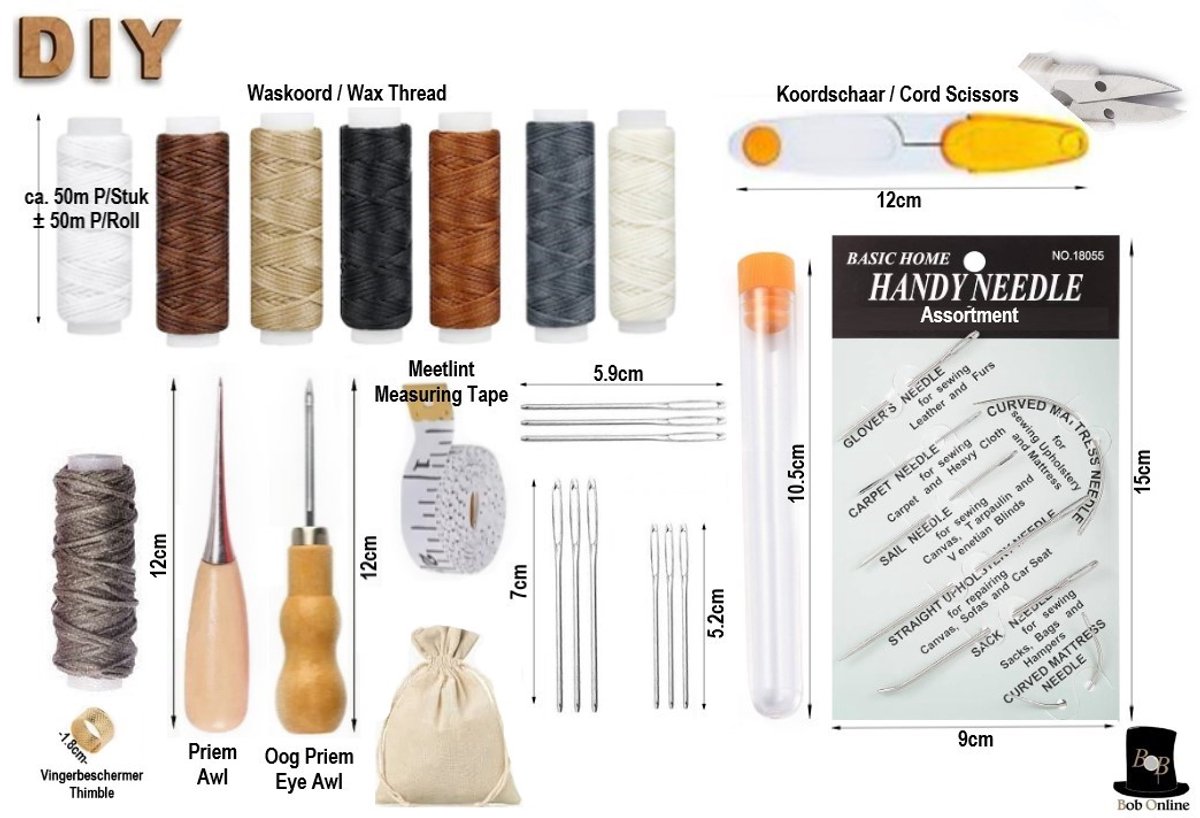 Bob Online™- 31 Delige - Leer Reparatie Set - Leerbewerking Naaiset - Leernaalden, Leernaaigaren & Naai Accessoires - Leder, Stof, Denim, Canvas Enz. – 31 Piece – Leather Repair Set – Leather working Tool Kit