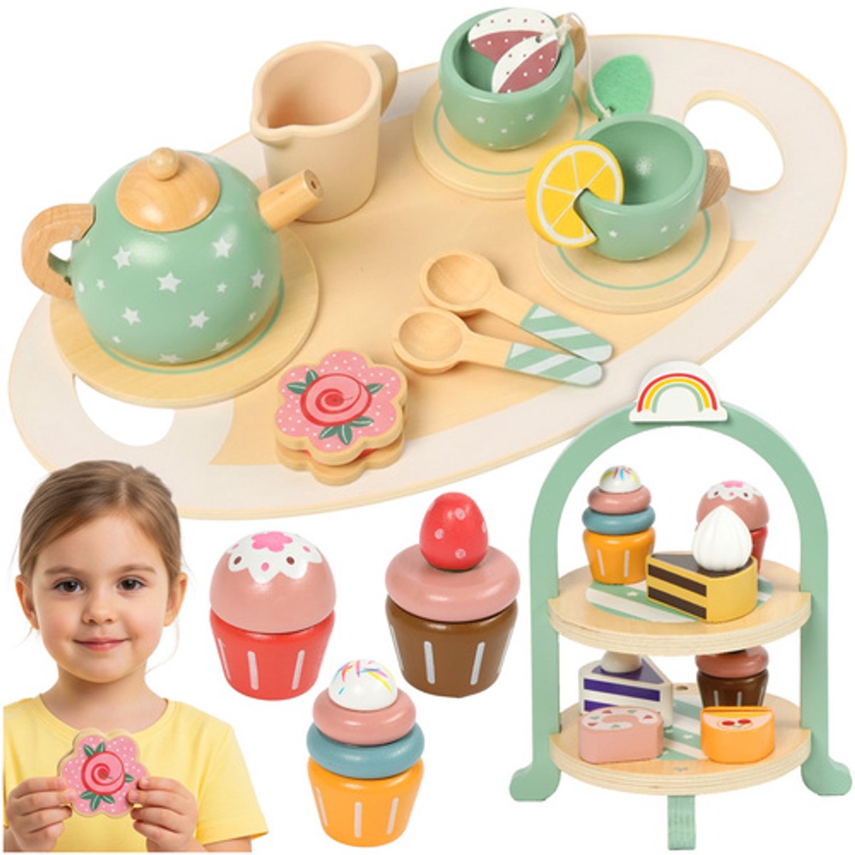 Bobbel Home - Houten Theeservies - Theeservies Speelgoed - Kinder servies - Houten Speelgoed - Kinderservies set - Theeset met Dienblad - 15 Delig - Met Taartplateau - Rollenspel Speelgoed Kinderen 3+