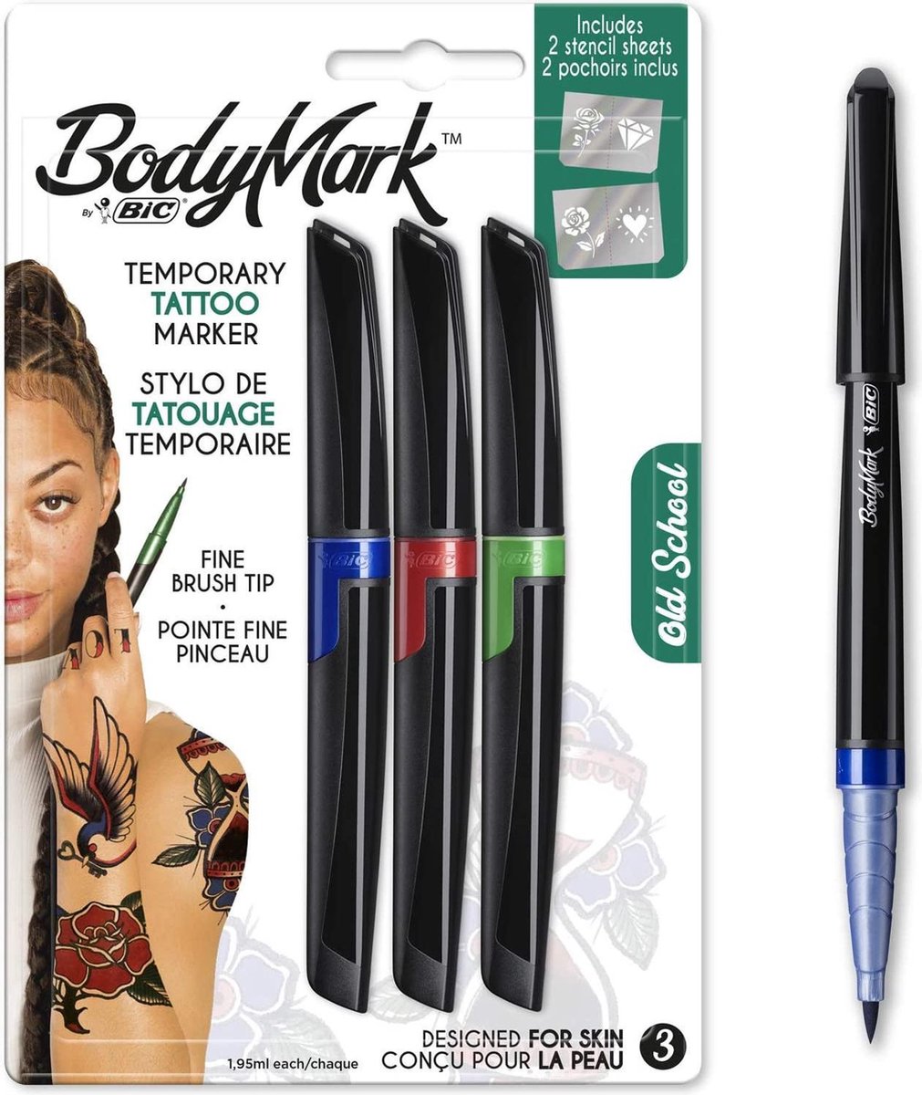 BodyMark by BIC Tijdelijke Tattoo Markers en Sjablonen, Old School Set - Verschillende Kleuren, Set van 3+2