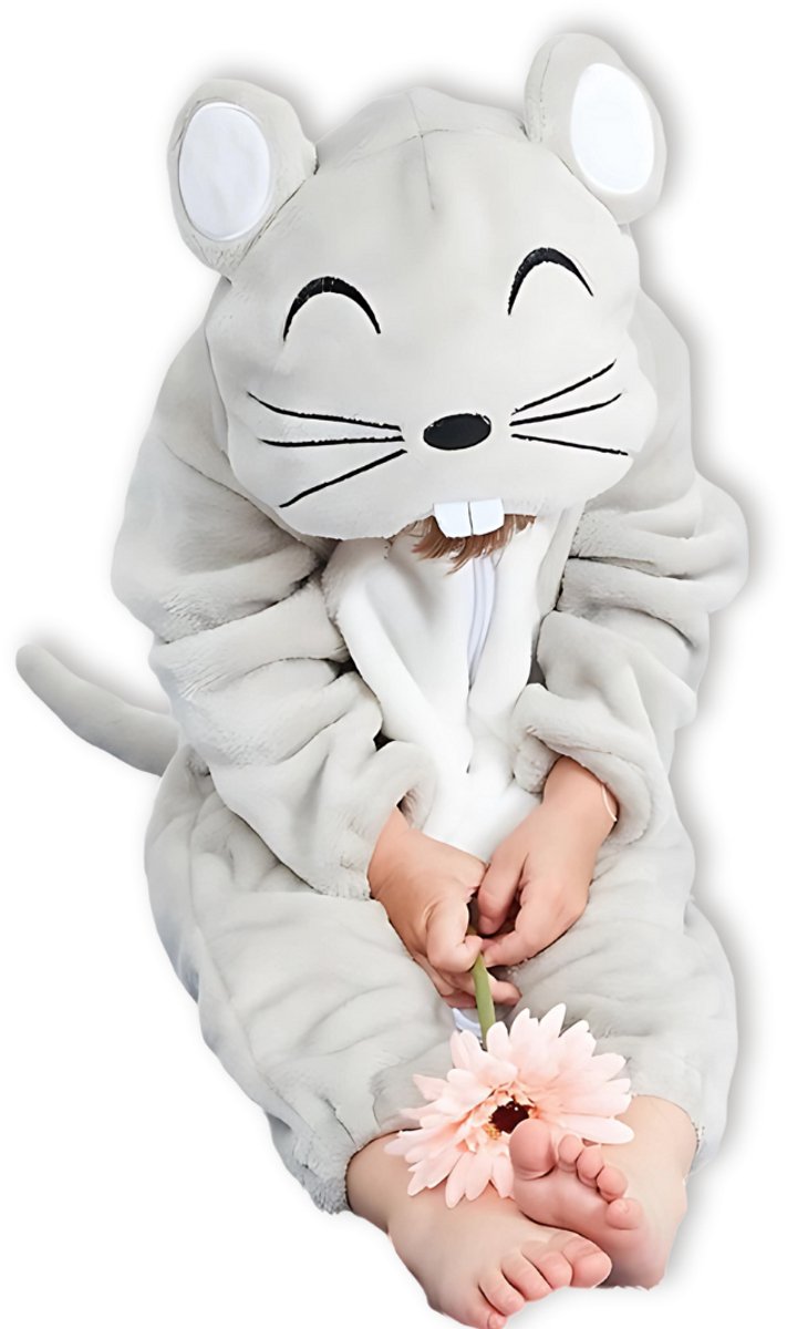 BoefieBoef Dieren Kleuter Onesie Peuter Pyjama Kinderen 2-4 jaar – Verkleedkleding met Luierrits – Carnaval Dierenpak - Kerst en Kraamcadeau - Zacht Flanel - Baby Romper - Boxpak - Jongens - Meisjes - Kruippak - Winterpak - Muis Grijs Animal