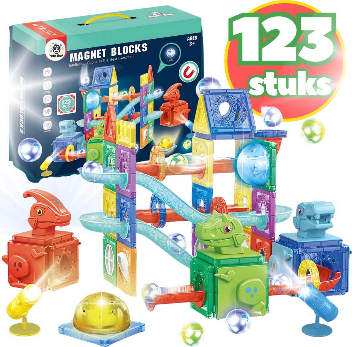 BoefieBoef Magnetische Dinosaurus Knikkerbaan - 123-delige Magnetic Tiles met Licht - Montessori & STEM Educatief Constructiespeelgoed - Bouwblokken voor Peuters & Kleuters 3+ Jaar - Compatibel met Magna-Tiles & Magformers - Verjaardagscadeau