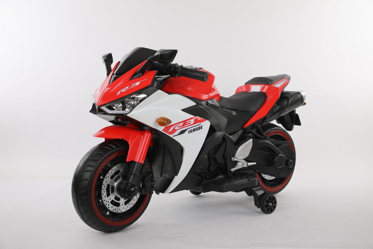 Elektrische kindermotor - Sportmotor 12V – Met zijwieltjes & geluid - LED-licht - 3 tot 7 jaar - Groot model - Rood