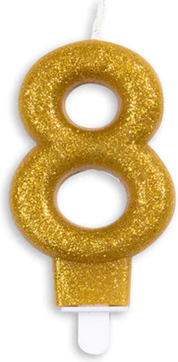Cijferkaars Goud 8 Jaar - Kaars 8 Jaar - Kaars Cijfer 8 - Kaarsje 8 Jaar - Gouden Kaars Taart / Cupcake 8 Jaar - Ook voor leeftijden: 18 / 28 / 38 / 48 / 58 / 68 / 78 / 80 / 81 / 82 / 83 / 84 / 85 / 86 / 87 / 88 / 89 / 98 - Glitter Goud
