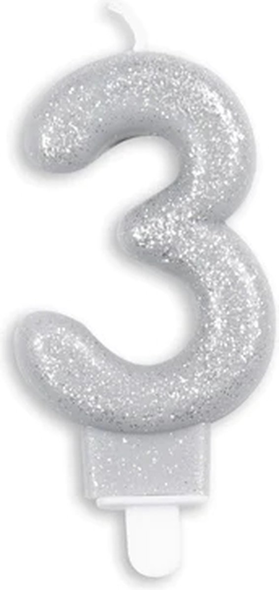 Cijferkaars Zilver 3 Jaar - Kaars 3 Jaar - Kaars Cijfer 3 - Kaarsje 3 Jaar - Zilveren Kaars Taart / Cupcake 3 Jaar - Ook voor leeftijden: 13 / 23 / 30 / 31 / 32 / 33 / 34 / 35 / 36 / 37 / 38 / 39 / 43 / 53 / 63 / 73 / 83 / 93 - Glitter Zilver