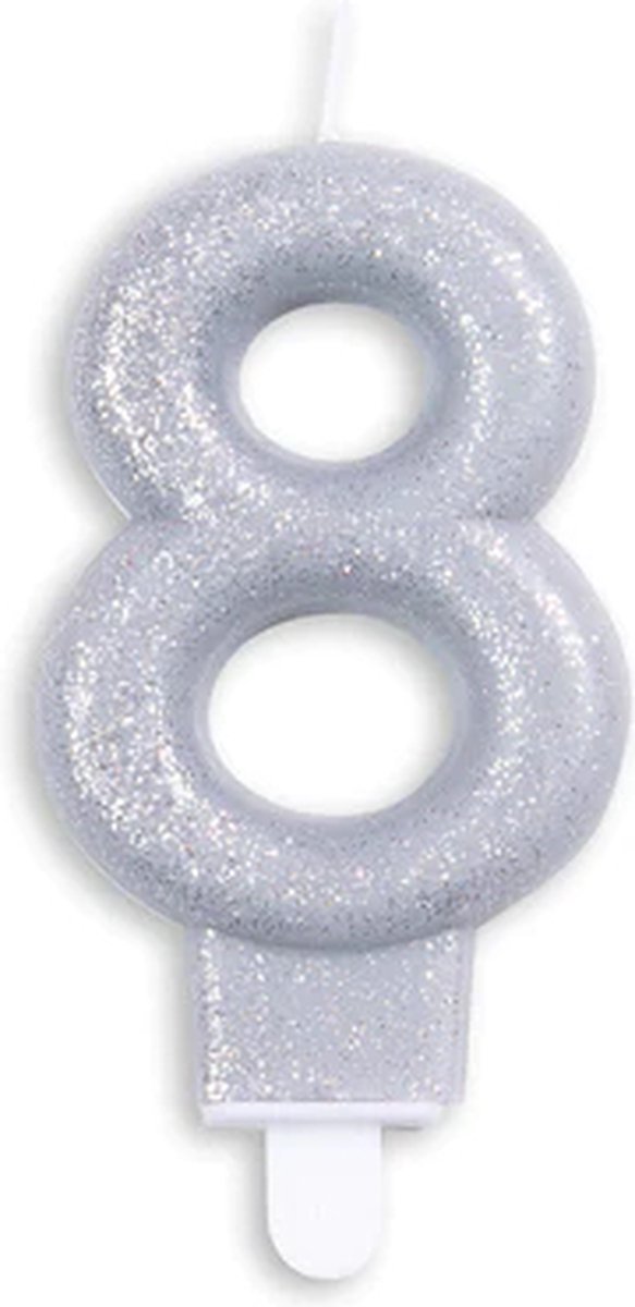 Cijferkaars Zilver 8 Jaar - Kaars 8 Jaar - Kaars Cijfer 8 - Kaarsje 8 Jaar - Zilveren Kaars Taart / Cupcake 8 Jaar - Ook voor leeftijden: 18 / 28 / 38 / 48 / 58 / 68 / 78 / 80 / 81 / 82 / 83 / 84 / 85 / 86 / 87 / 88 / 89 / 98 - Glitter Zilver