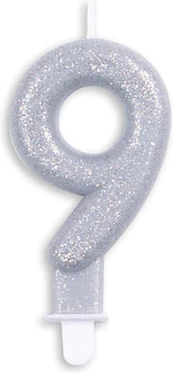 Cijferkaars Zilver 9 Jaar - Kaars 9 Jaar - Kaars Cijfer 9 - Kaarsje 9 Jaar - Zilveren Kaars Taart / Cupcake 9 Jaar - Ook voor leeftijden: 19 / 29 / 39 / 49 / 59 / 69 / 79 / 89 / 90 / 91 / 92 / 93 / 94 / 95 / 96 / 97 / 98 / 99 - Glitter Zilver