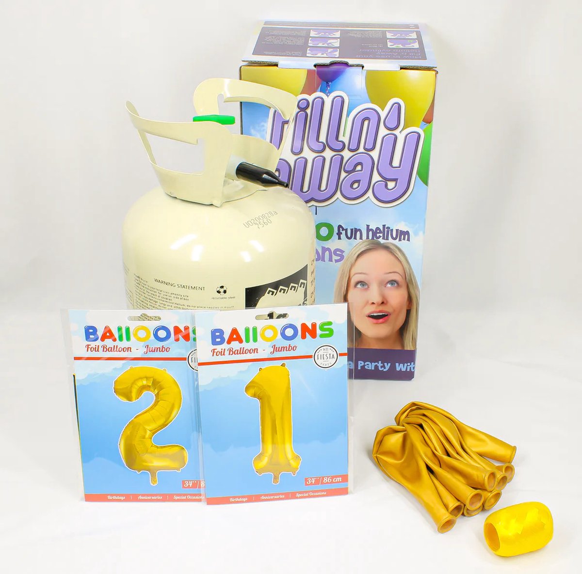 Verjaardag Versiering Pakket 21 jaar - Helium tank voor ballonnen - Versiering 21 Jaar Verjaardag Versiering Volwassenen - Ballonnen Goud & Krullint Goud - Ballonnen 21 jaar - Pakket 2 cijfers 34