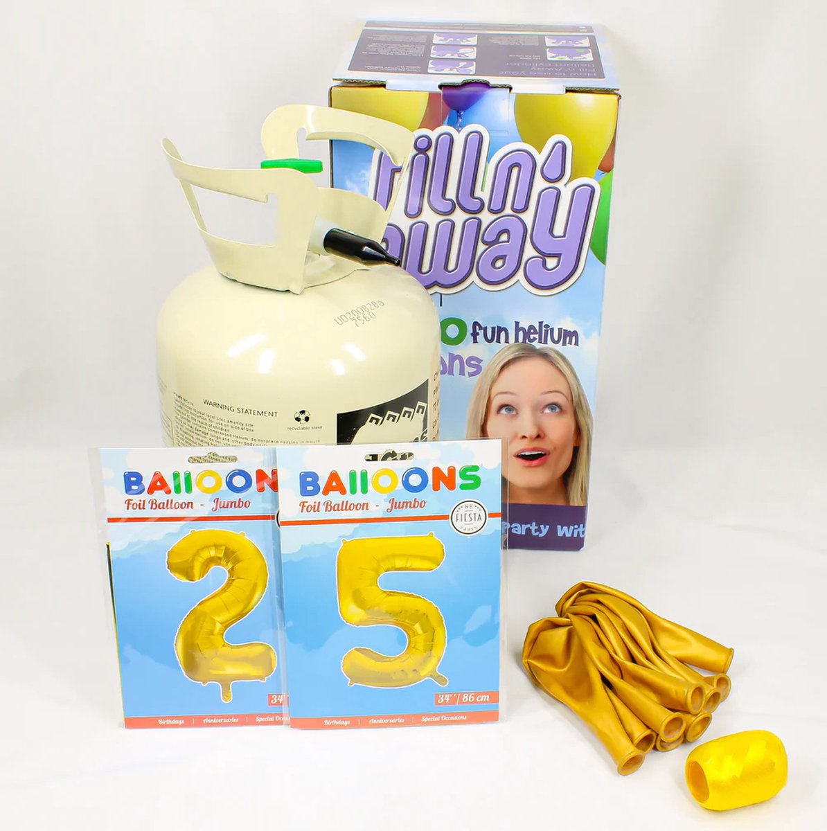 Verjaardag Versiering Pakket 25 jaar - Helium tank voor ballonnen - Versiering 25 Jaar Verjaardag Versiering Volwassenen - Ballonnen Goud & Krullint Goud - Ballonnen 25 jaar - Pakket 2 cijfers 34