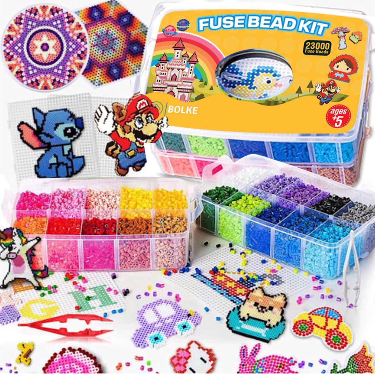 Bolke strijkkralen - strijkkralen grondplaten - strijkparels - 5mm dik - 116 patronen - 22 kleuren - 23.000 stuks