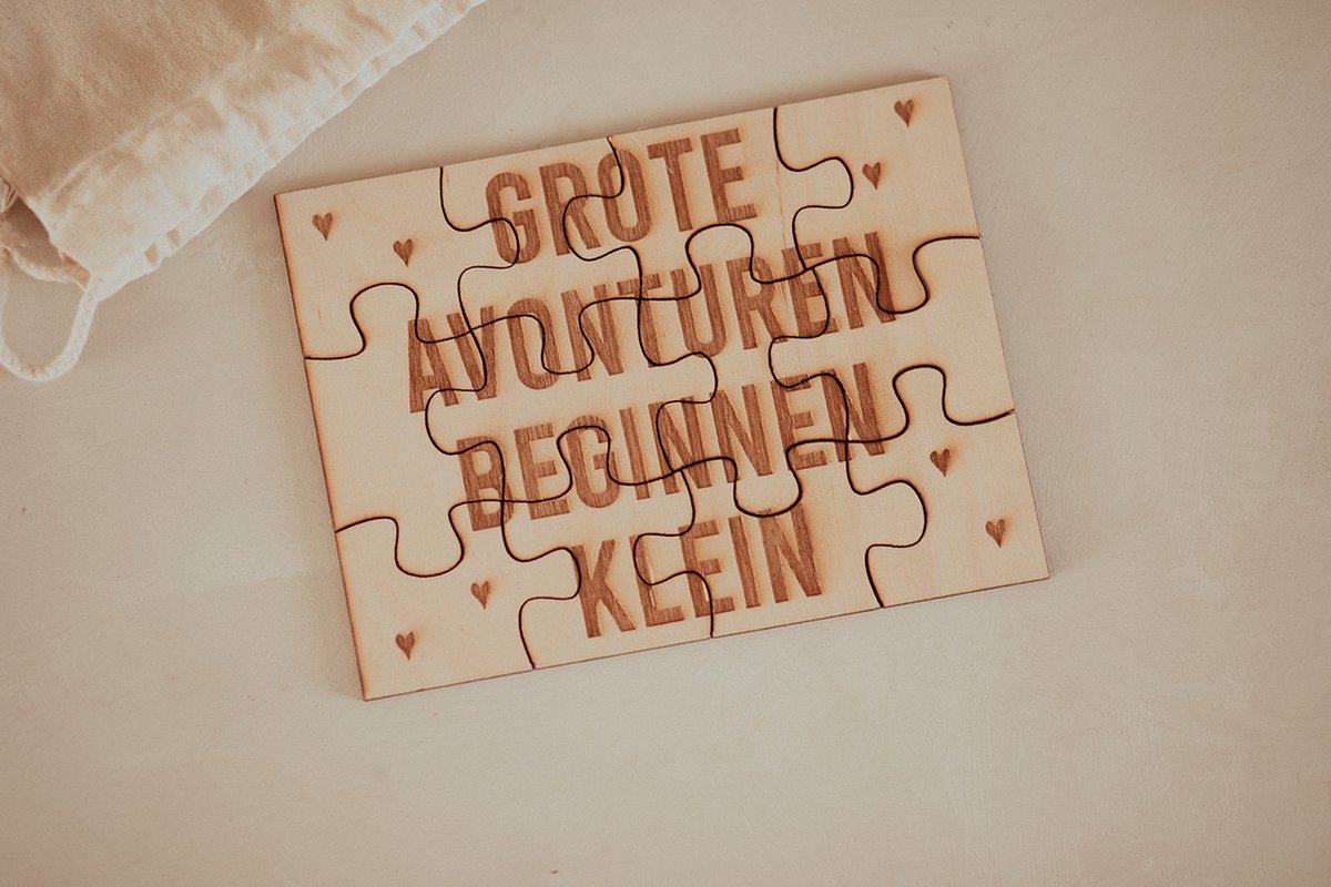 BolleToet - houten puzzel grote avonturen beginnen klein - zwangerschapsaankondiging - zwangerschap