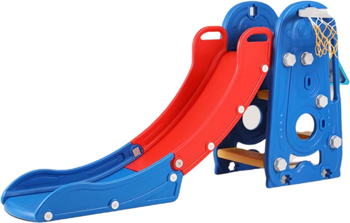 3-in-1 Glijbaan met Basketbalring - Buitenspeelgoed - Opvouwbare Kinderplezierglijbaan voor Peuters (1-6 Jaar) - Geschikt voor Binnen en Buiten - Blauw & Rood