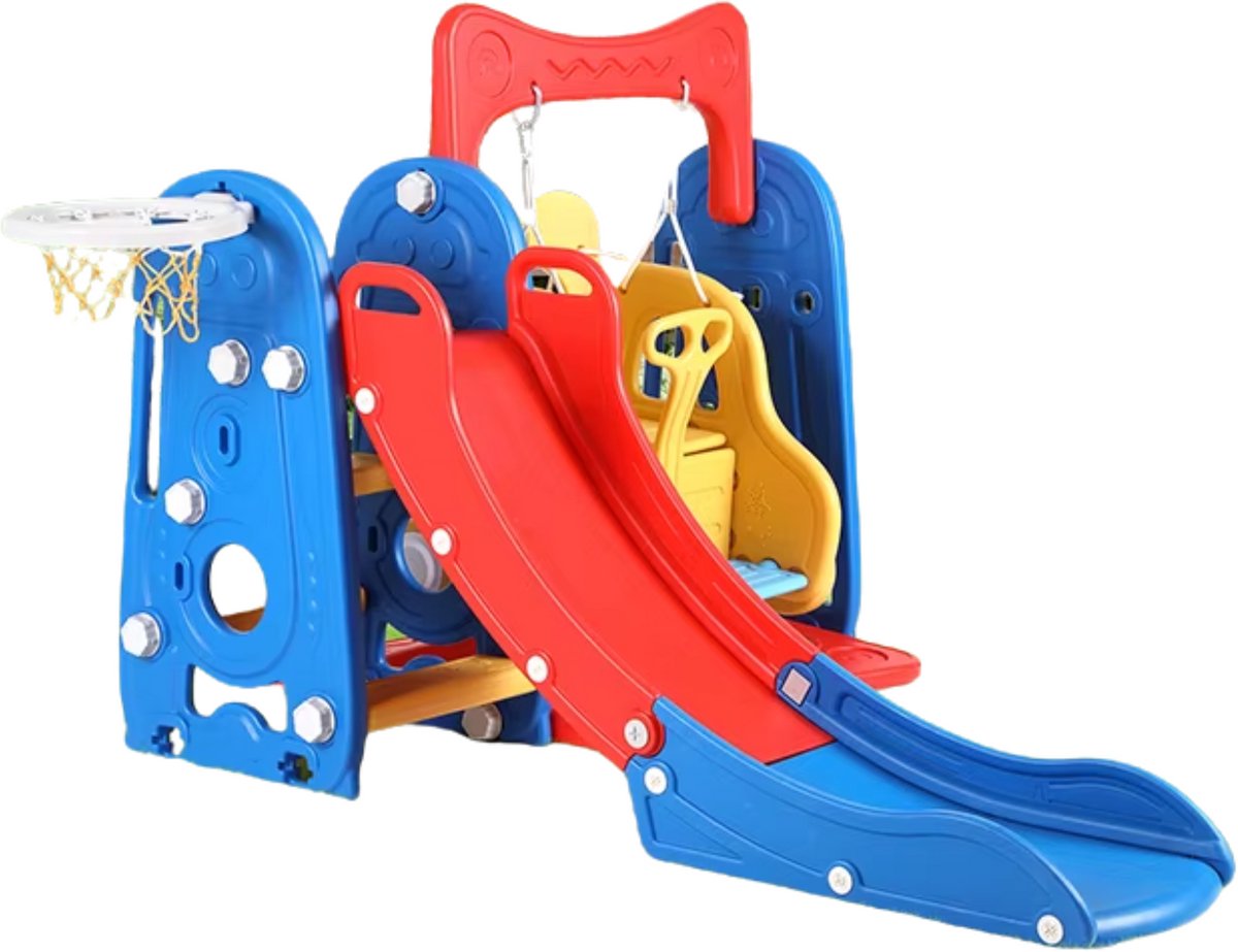 3-in-1 Schommel- en Schuifset voor Peuters - Buitenspeelgoed - Binnenspeeltuin met Glijbaan, Klimmer en Basketbalring - Geschikt voor Kinderen van 1-7 Jaar - Blauw & Rood