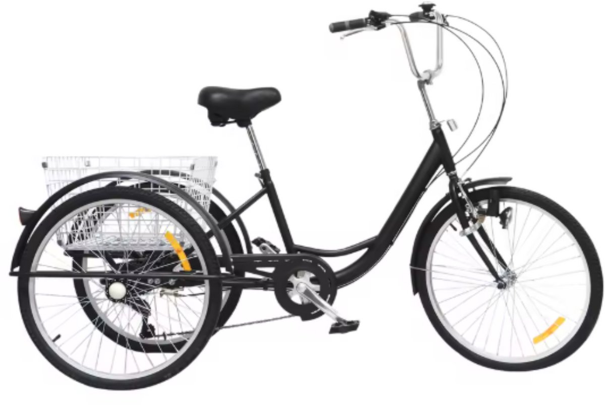  6 versnellingen - Fiets voor volwassenen en senioren - 24 Inch - Opvouwbare Trike - Met mand - Voorrem - Zwart