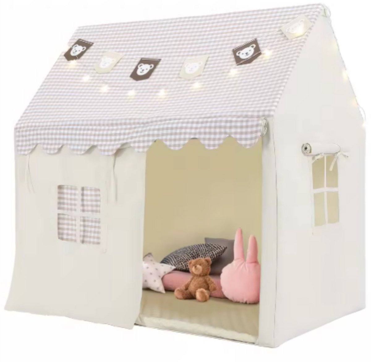 Kindertent - Speeltent - Voor Jongens & Meisjes (1-8 Jaar) - Speelhuis met Mat, Verlichting & Vlagbanner - Voor binnen - Inclusief Ramen - Beige