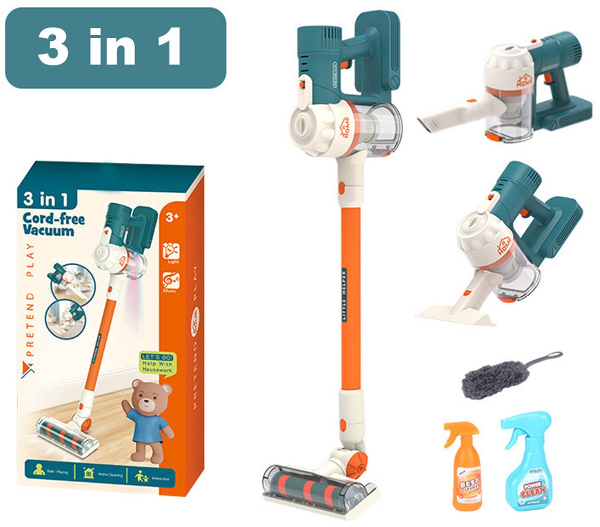 3-in-1 stofzuigerspeelgoed voor kinderen - Schoonmaakset voor peuters die echt werkt - Realistische draadloze schoonmaakspeelgoedset
