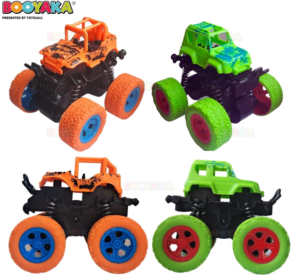 Booyaka® 2x Big wheel stuntauto Groen & Oranje – Monstertruck – Monster truck - Stunt auto’s – Off road – Buiten speelgoed - Speelgoed auto - Auto Speelgoed Jongens – Stoer – Racen - Springende auto – Race auto - 360º Flip