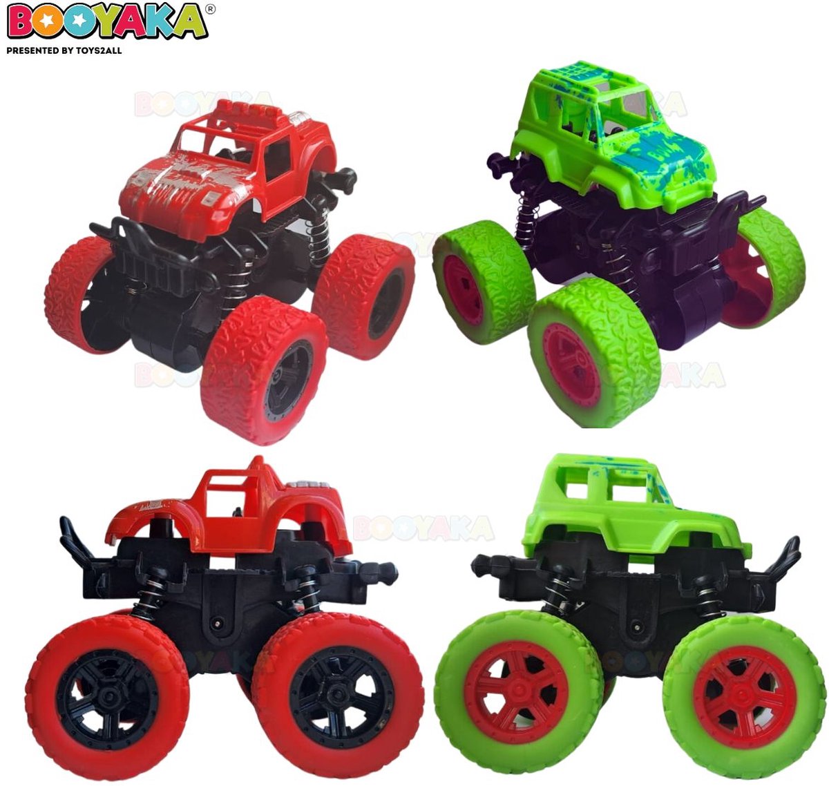 Booyaka® 2x Big wheel stuntauto Groen & Rood – Monstertruck – Monster truck - Stunt auto’s – Off road – Buiten speelgoed - Speelgoed auto - Auto Speelgoed Jongens – Stoer – Racen - Springende auto – Race auto - 360º Flip