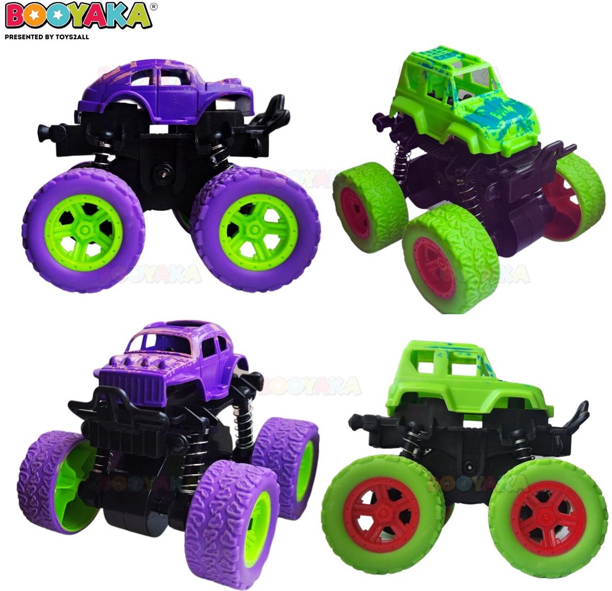 Booyaka® 2x Big wheel stuntauto Paars & Groen – Monstertruck – Monster truck - Stunt auto’s – Off road – Buiten speelgoed - Speelgoed auto - Auto Speelgoed Jongens – Stoer – Racen - Springende auto – Race auto - 360º Flip