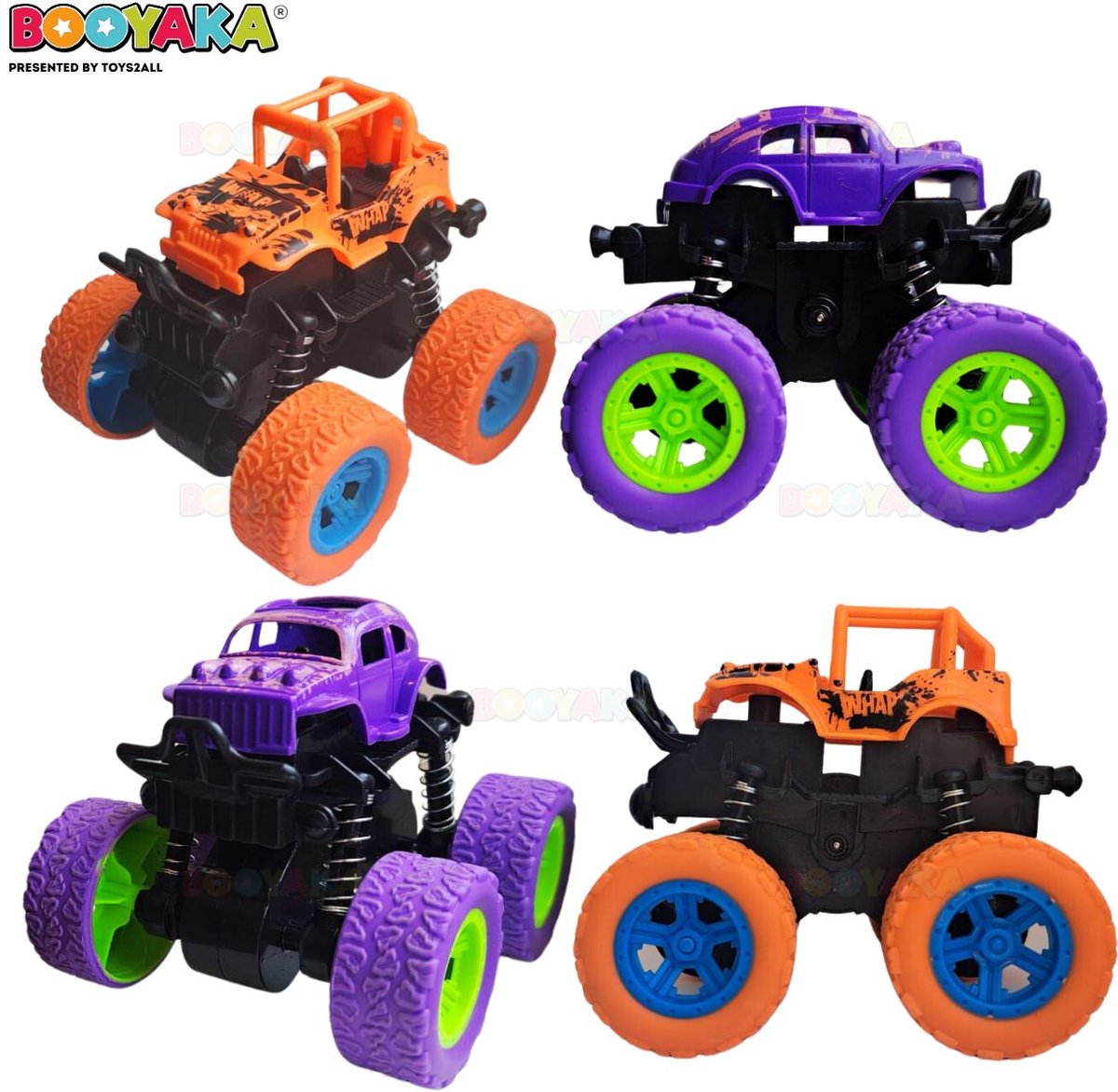 Booyaka® 2x Big wheel stuntauto Paars & Oranje – Monstertruck – Monster truck - Stunt auto’s – Off road – Buiten speelgoed - Speelgoed auto - Auto Speelgoed Jongens – Stoer – Racen - Springende auto – Race auto - 360º Flip