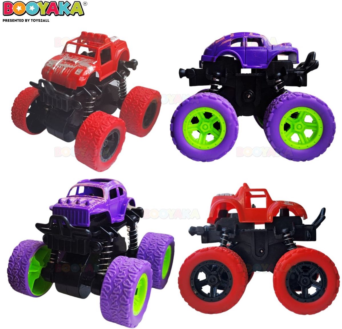 Booyaka® 2x Big wheel stuntauto Paars & Rood – Monstertruck – Monster truck - Stunt auto’s – Off road – Buiten speelgoed - Speelgoed auto - Auto Speelgoed Jongens – Stoer – Racen - Springende auto – Race auto - 360º Flip