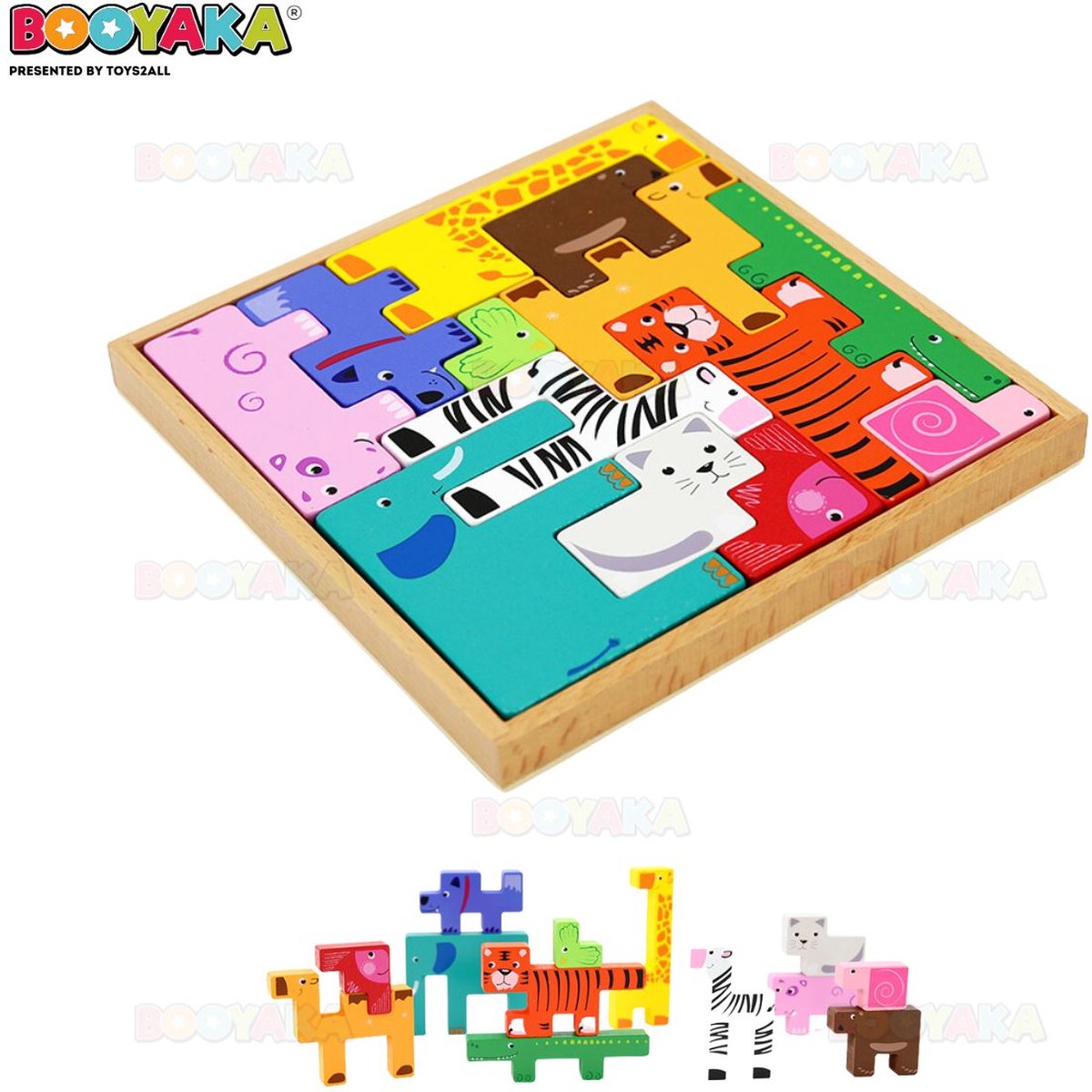 Booyaka® Puzzelen, bouwen en spelen met houten dieren - Bouwen speelgoed – Puzzel - Balansspel - Creatief kinderen - Creatief speelgoed - Safari dieren - Houten speelgoed - Bouwen - Houten dieren speelgoed - Blokken - Bouwblokken - Jigsaw puzzel