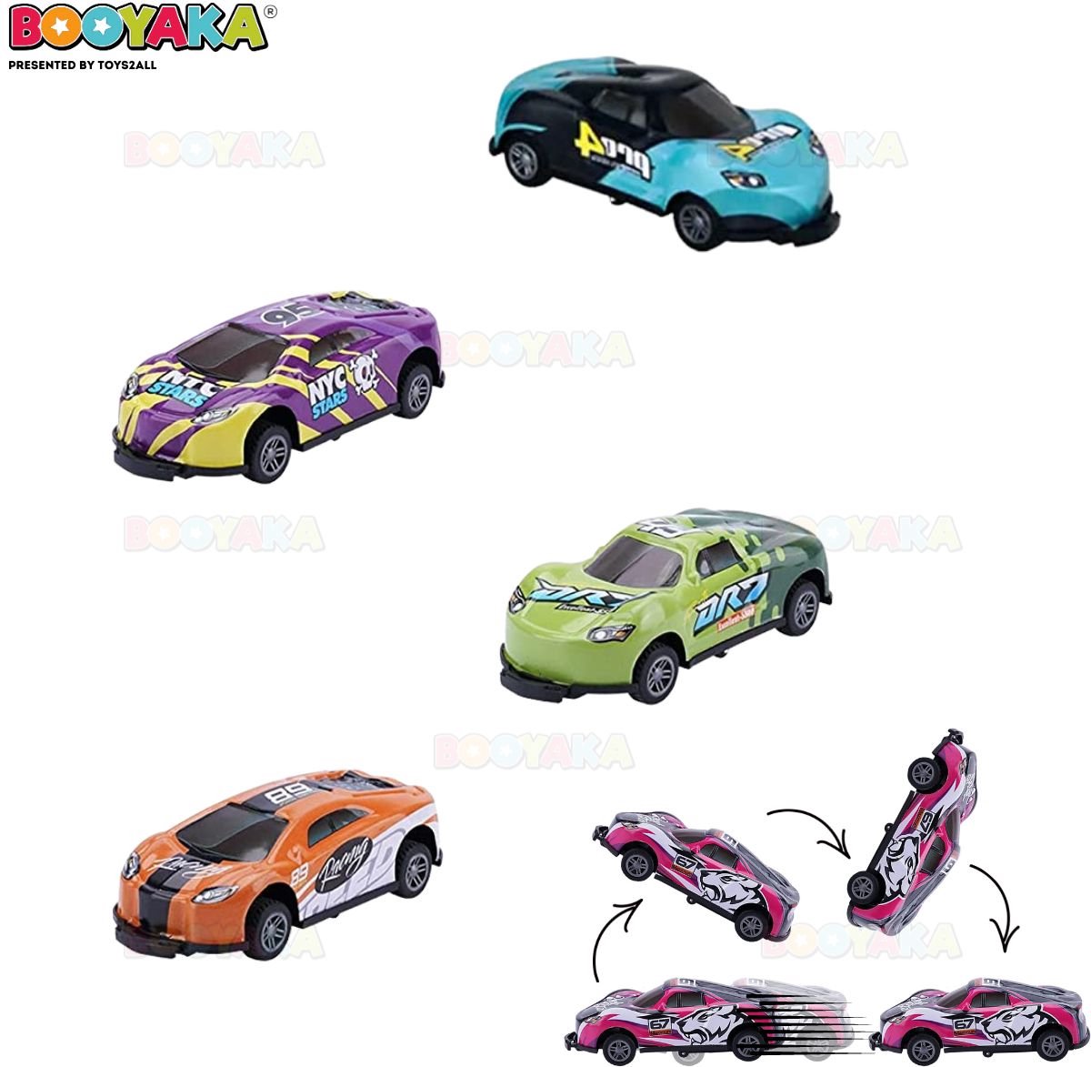 Booyaka® Tipper stunt auto’s 4 stuks - Flipper auto – Pull back - Stunt auto - Flip - Springende auto – Race auto - 360º Flip - Speelgoed auto - Auto Speelgoed Jongens – Stoer – Racen