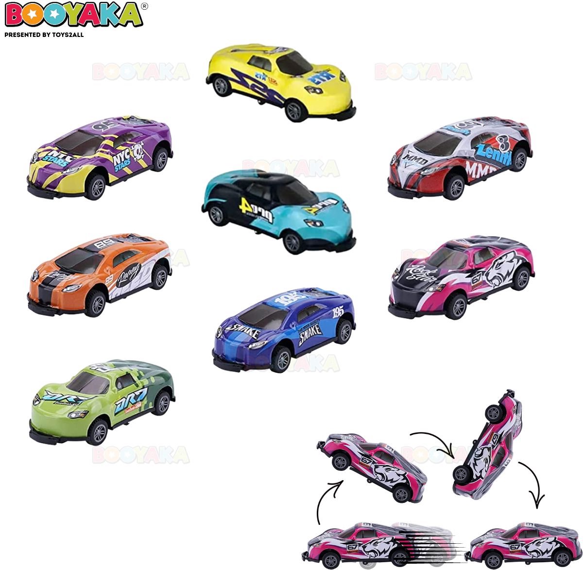 Booyaka® Tipper stunt auto’s 8 stuks - Flipper auto – Pull back - Springende auto – Race auto - 360º Flip - Speelgoed auto - Auto Speelgoed Jongens – Stoer – Racen