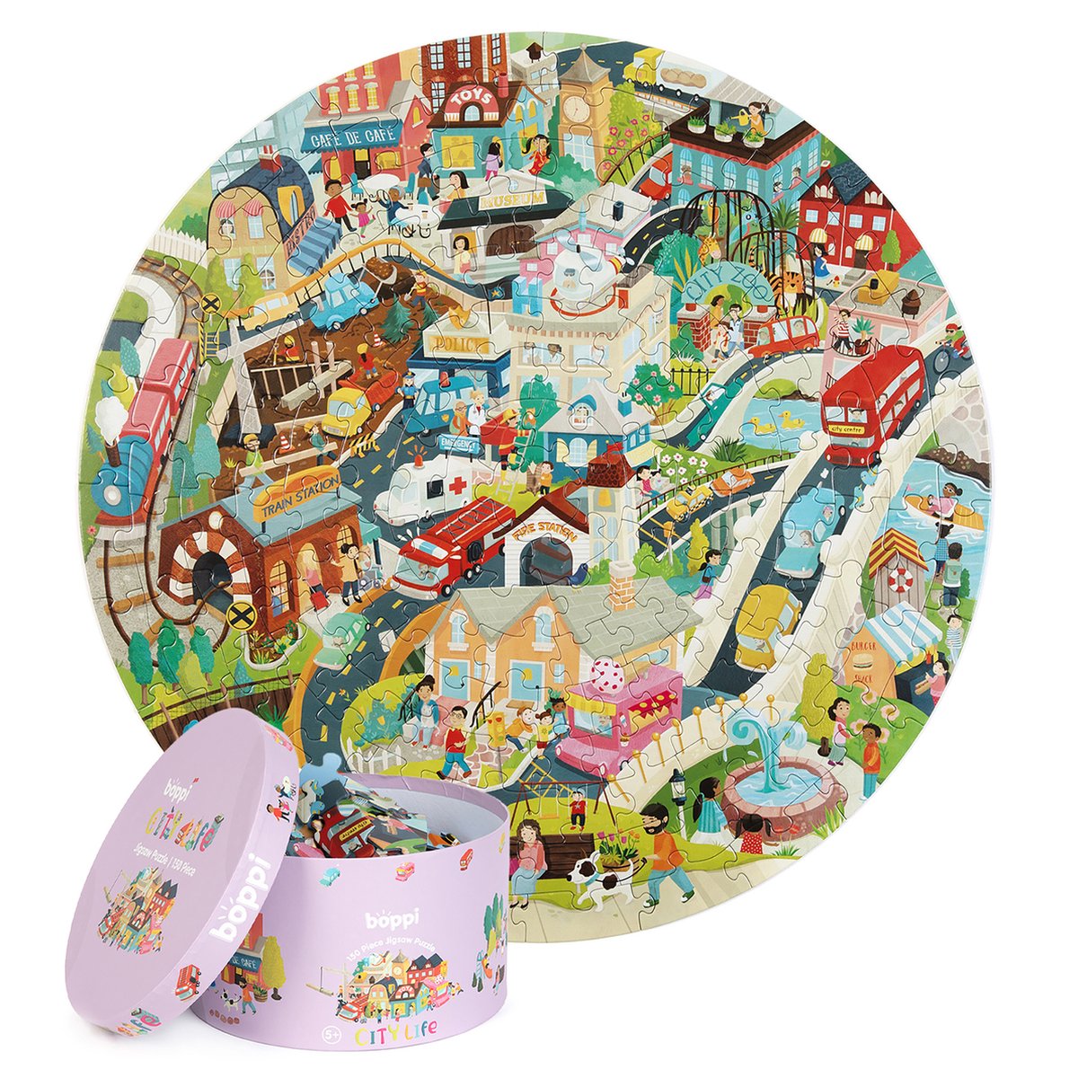 Boppi - stadsleven puzzel - rond formaat - 150 stukjes - 58cm diameter - gemaakt van recycled karton