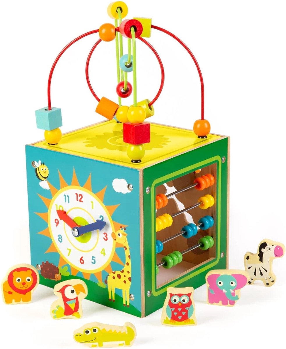 Houten activiteiten kubus – spelend leren - kralenspiraal - vormenstoof - telraam - klok – vormenschuif (5-in-1)