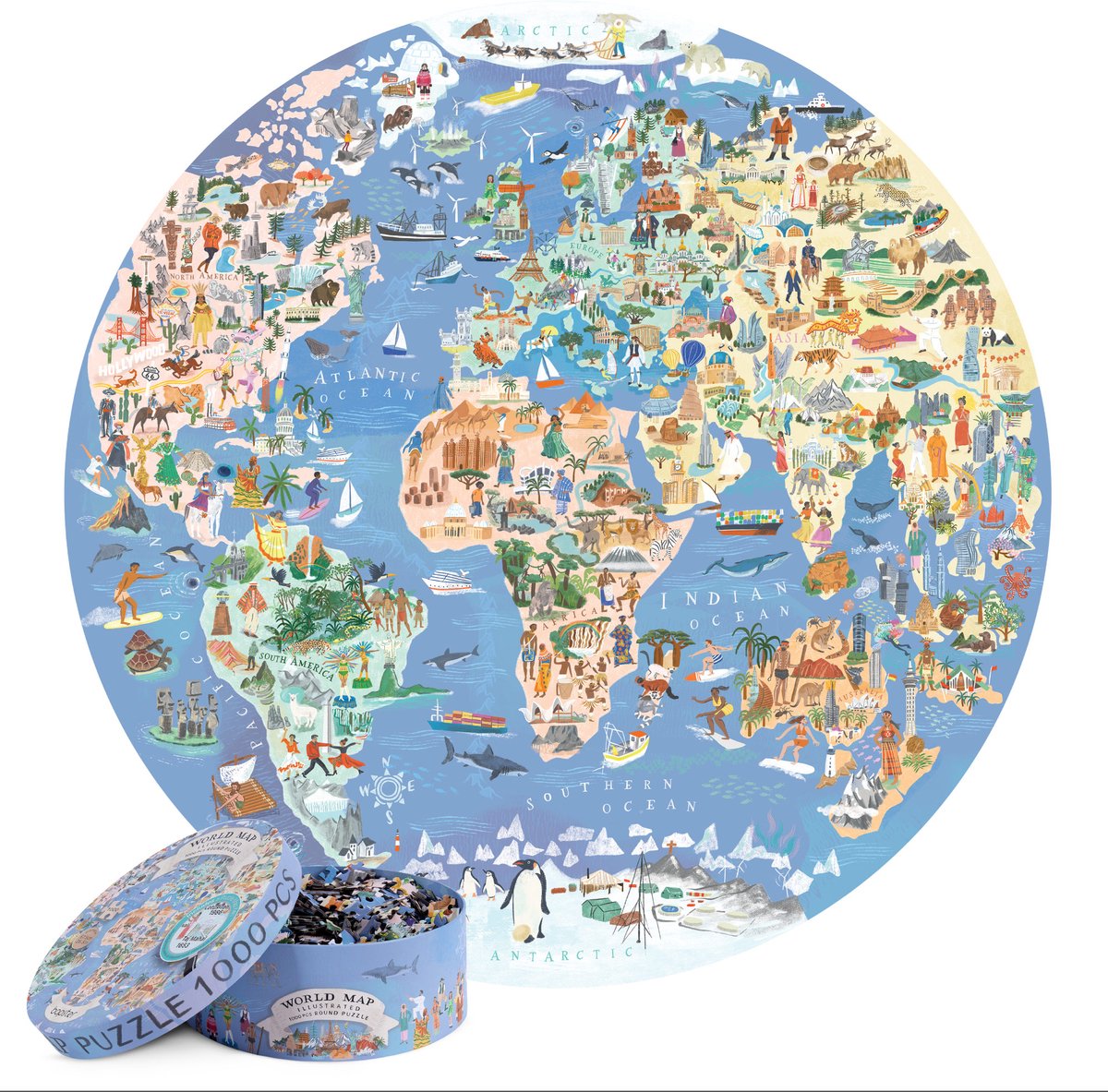 wereldkaart - ronde puzzel - extra groot formaat - 1.000 stukjes - 68cm diameter - gemaakt van 3-laags gerecycled karton