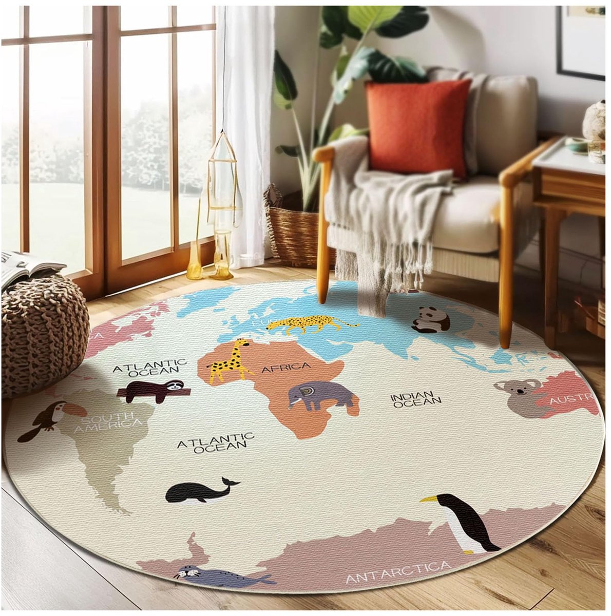 Boraboi ® Stijlvol Ronde Wereldkaart Speelkleed met Antislip voor Kinderkamer en Woonkamer - Beige, 60 cm