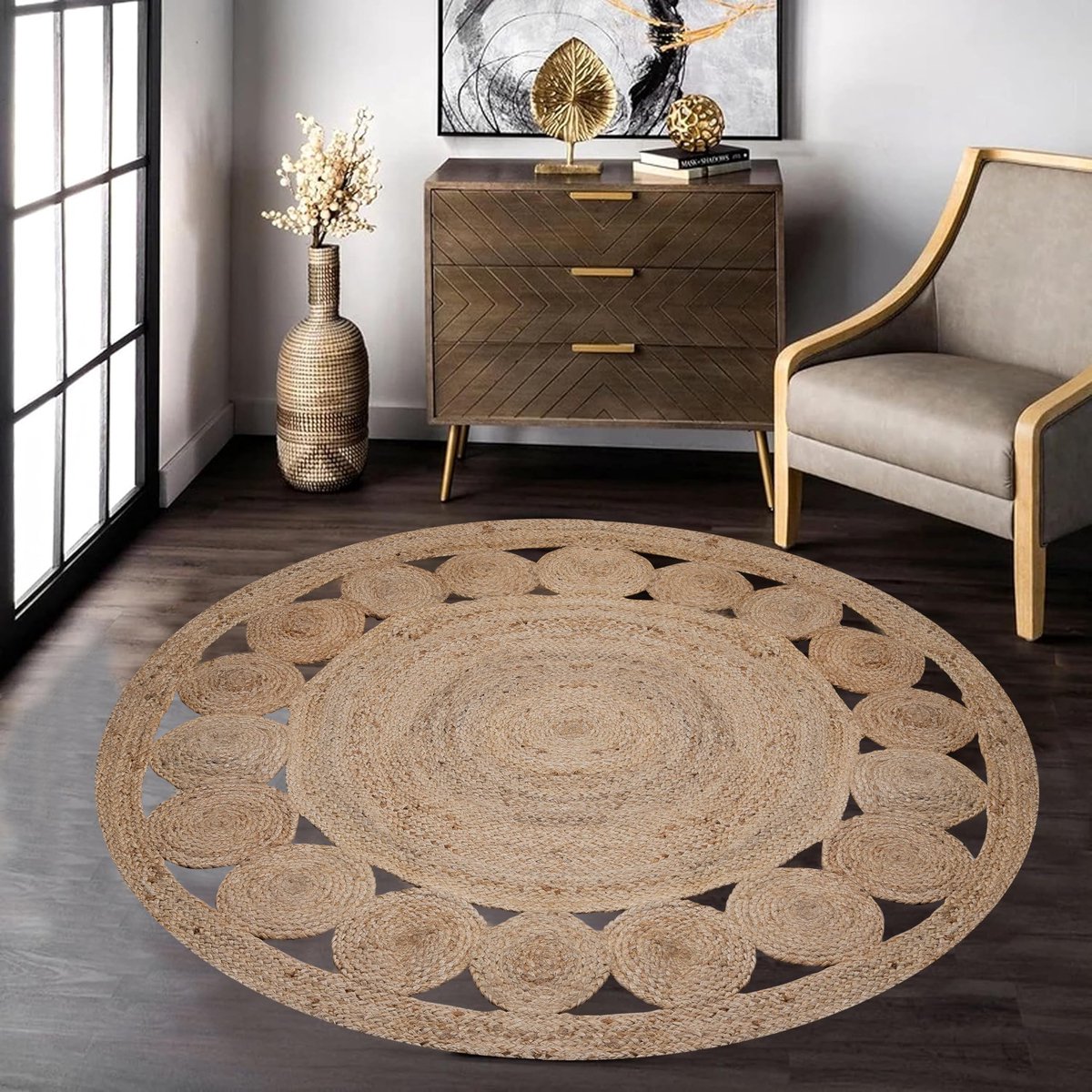 Boraboi ® Stijlvolle Handgemaakte Jute Vloerkleed met Bloemenpatroon voor Elke Kamer, 90 cm Rond