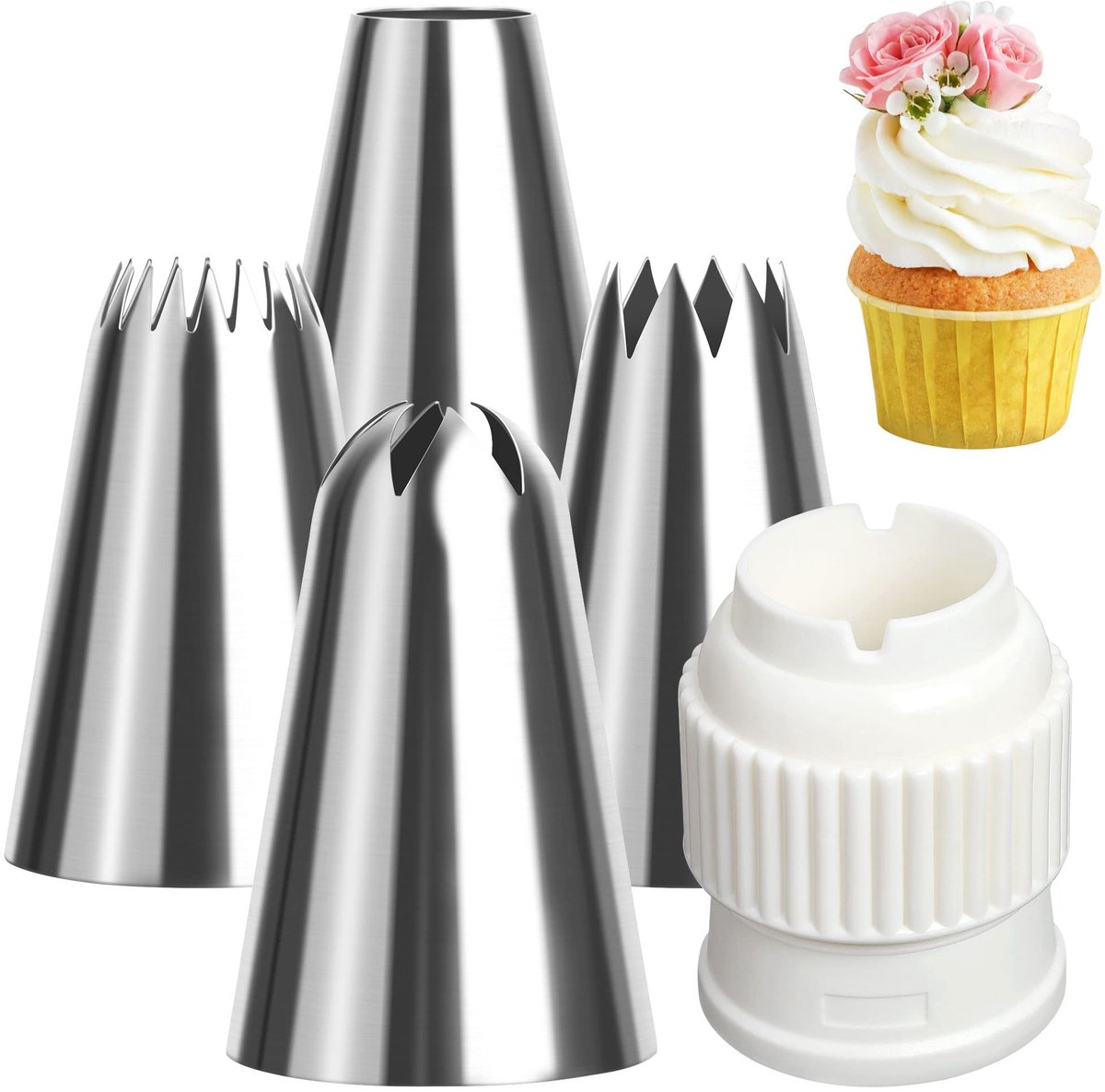 Boraboi® Professionele Set Extra Grote Spuitmonden voor Bakdecoratie in 304 Roestvrij Staal, Inclusief Adapter