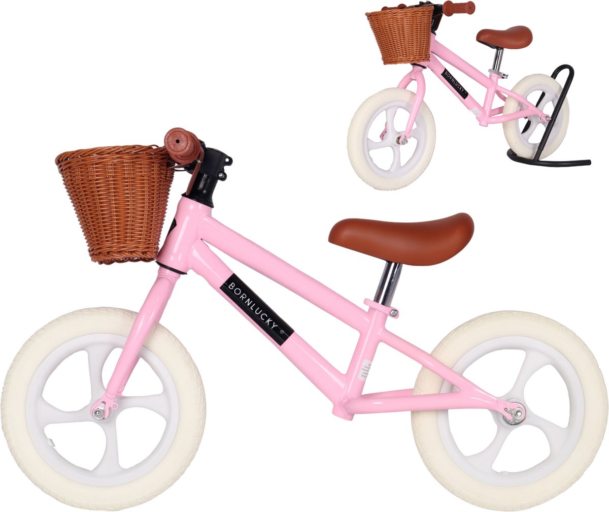 Born Lucky® Loopfiets Met Fietsmand– Vanaf 2 jaar – 12 inch massieve banden - Verstelbaar Zadel & Stuur – Roze