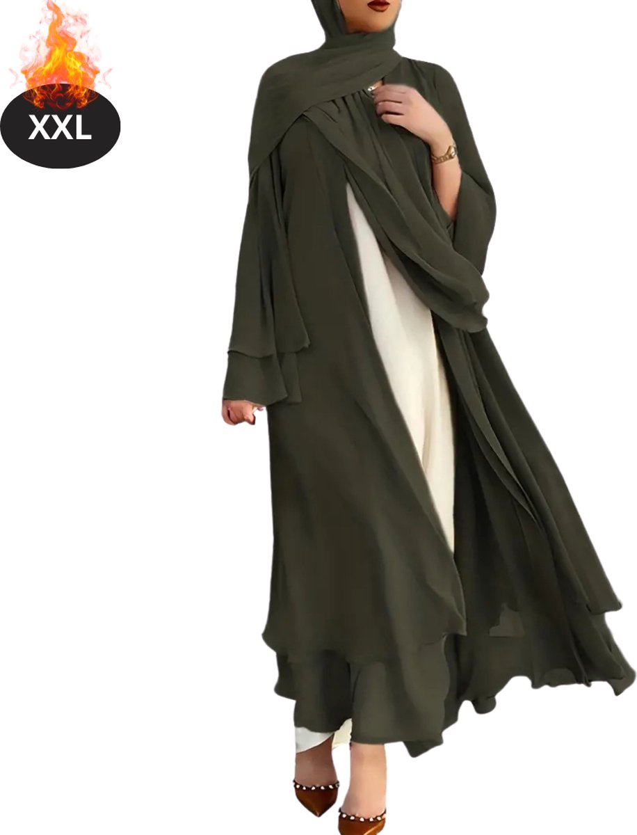 Bovista Islamitische Kleding - Djellaba Dames - Moslim Kleding - Arabisch Dames Kaftan - Alhamdulillah - Legergroen XXL