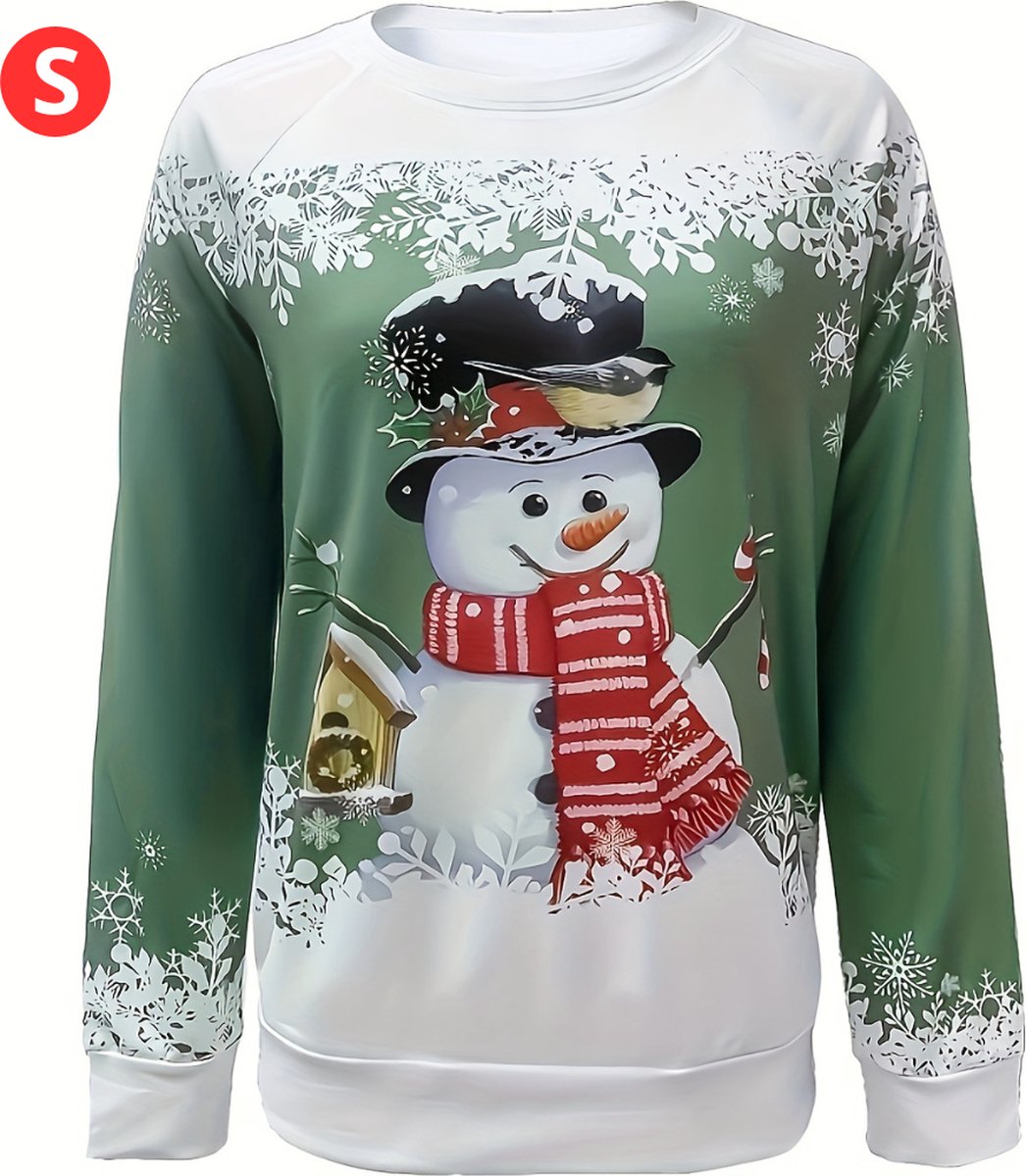 Bovista Kersttrui - Dames - Foute Kersttrui - Christmas Sweater - Kerst Sweater - Christmas Jumper - Pyjama - Pullover - Sneeuwpop - Groen - Maat S