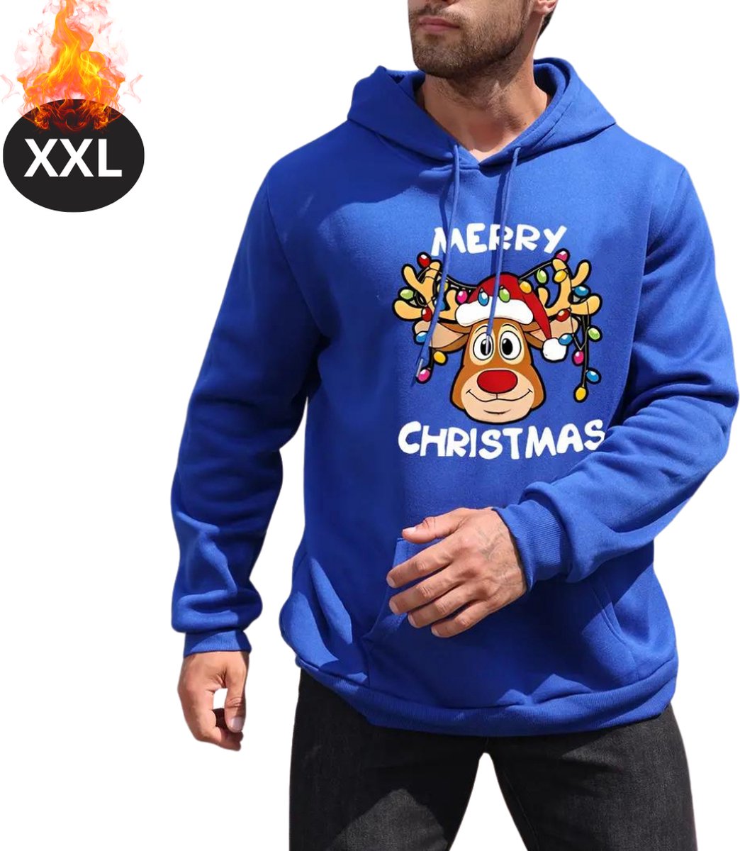 Bovista Kersttrui - Heren - Foute Kersttrui - Christmas Sweater - Cartoonprint - Kerst Sweater - Christmas Jumper - Hoodie - Blauw - XXL