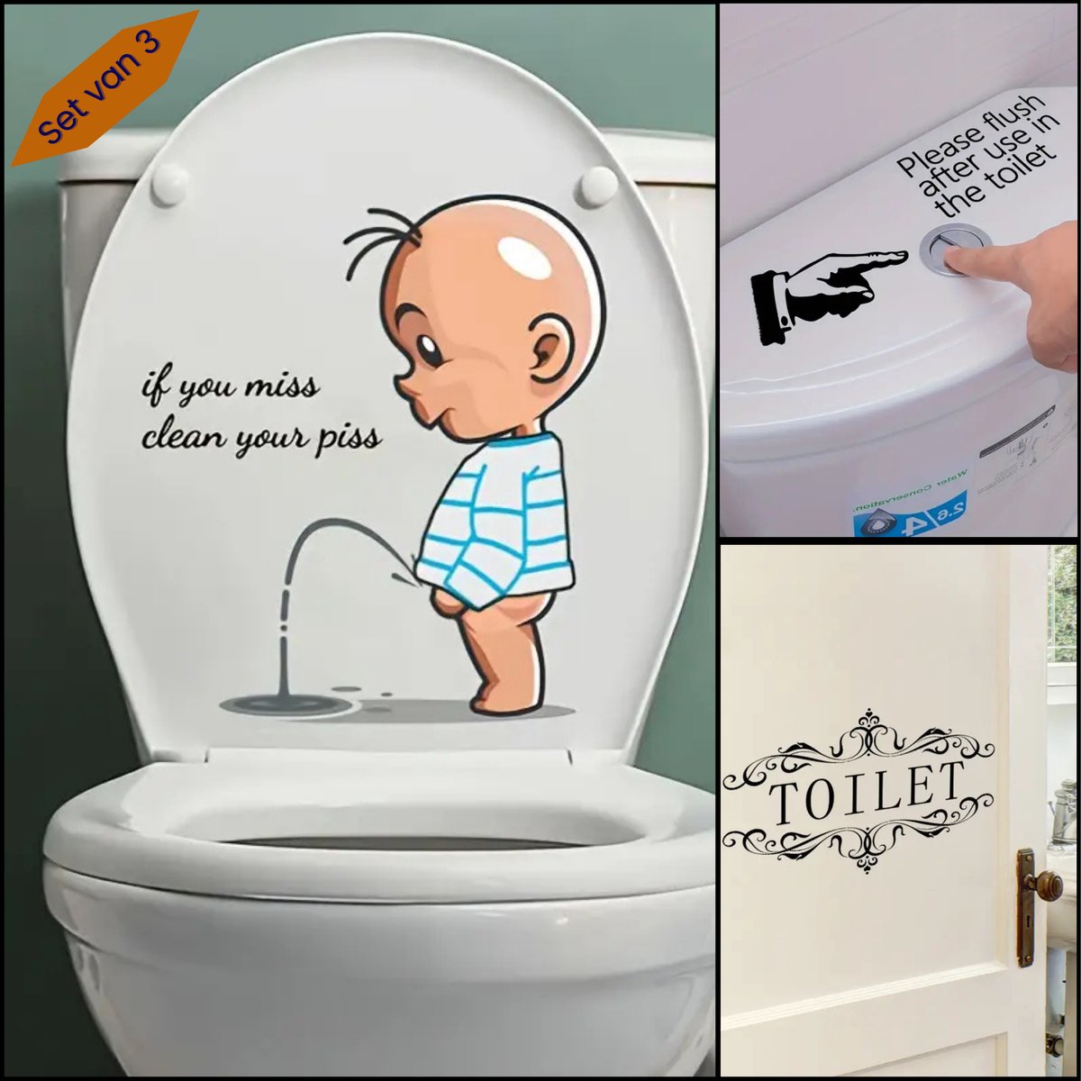 Toiletsticker set van 3. Hoge kwaliteit vinyl, waterdicht en duurzaam 