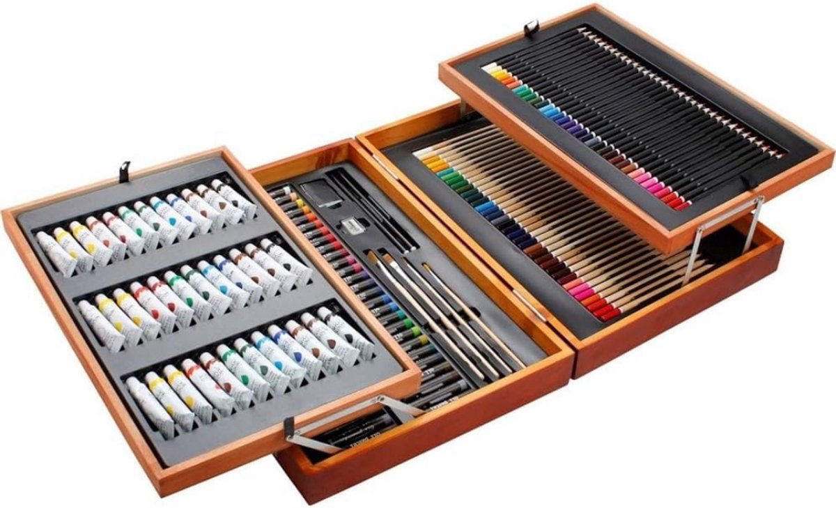 Tekenkoffer Kinderen - Tekendoos - Kleurpotloden - Stiften - Bruin