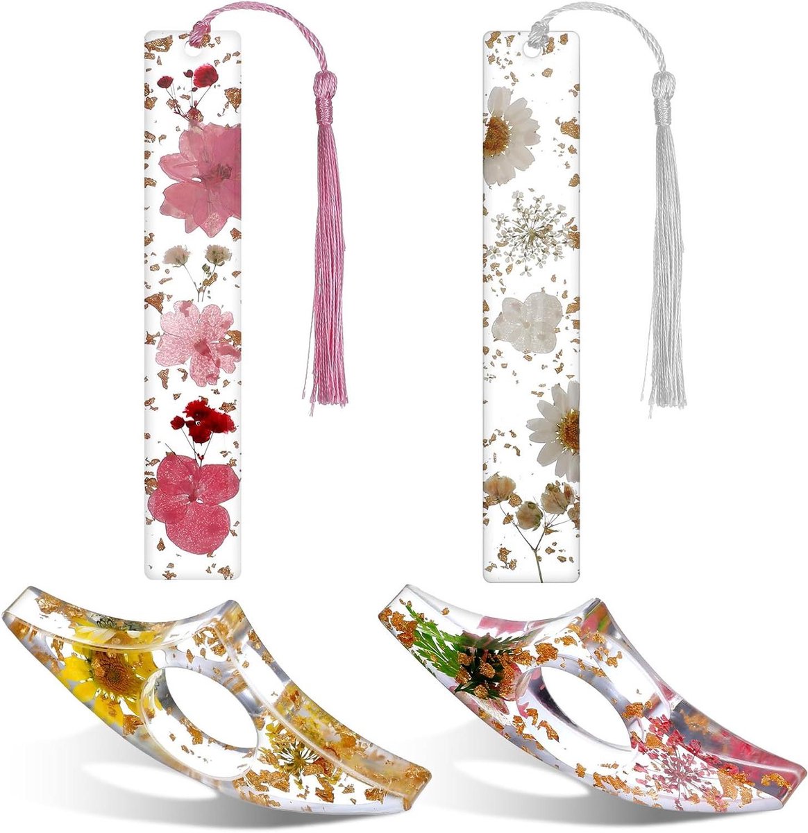 Brenzoos - - Set van 4 boekenbladwijzers in hars met kwasten - Rozegele bloemen design - Ideaal voor leesliefhebbers, studenten en leraren