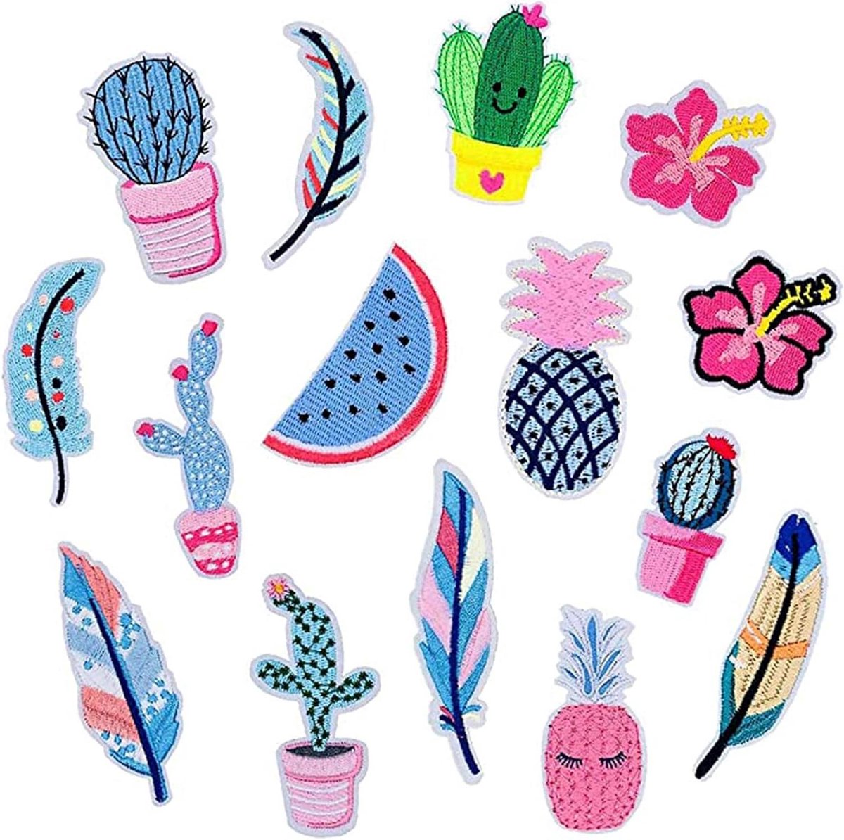 Brenzoos - 15 stuks applicaties om op te strijken, met tropische bloemen en cactussen - Voor doe-het-zelf kleding reparatie en decoratie, inclusief vruchtenmotieven