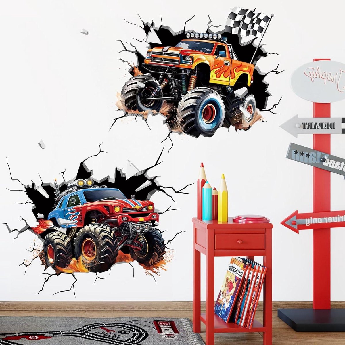   - 3D Racing Cars Muurstickers - Set van 2 Grote Vrachtwagens - Muurstickers voor Jongens Slaapkamer, Kinderkamer en Speelkamer