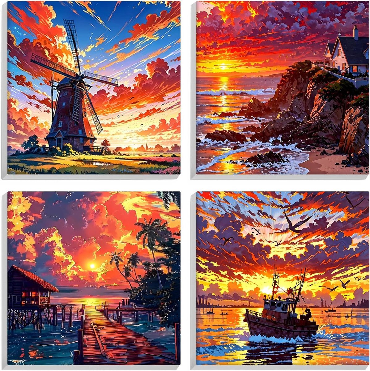 Brenzoos - 4-pack landschapsverf voor volwassenen en kinderen - beginners, acrylverf op nummer - inclusief frame en canvas - DIY olieverfschilderij kits