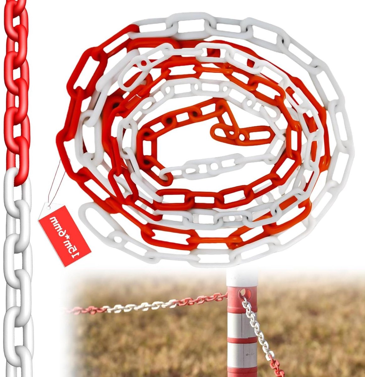   - Afsluitketting 15 meter x 6 mm - Rood/wit - Kunststof veiligheidsketting - Waarschuwingsveiligheid - Parkeerplaats - Bouw - Vergrendeling