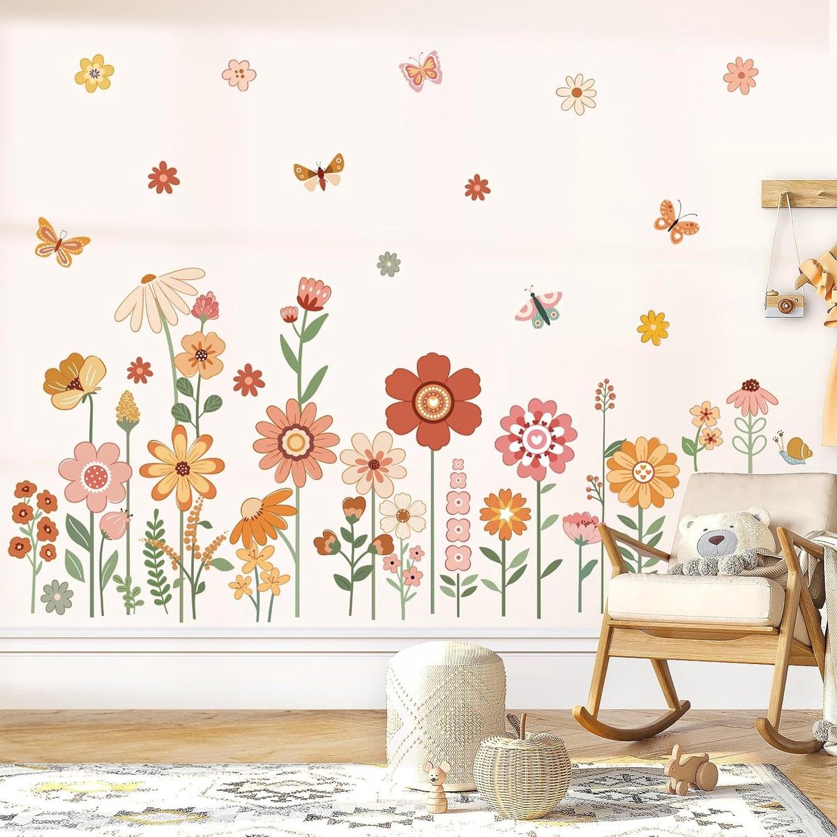 Brenzoos - Boho Bloem Muurstickers met Vlinders en Bloemen voor Kinderen - Baby Nursery - Meisjes Slaapkamer Decor - Tuin Thema