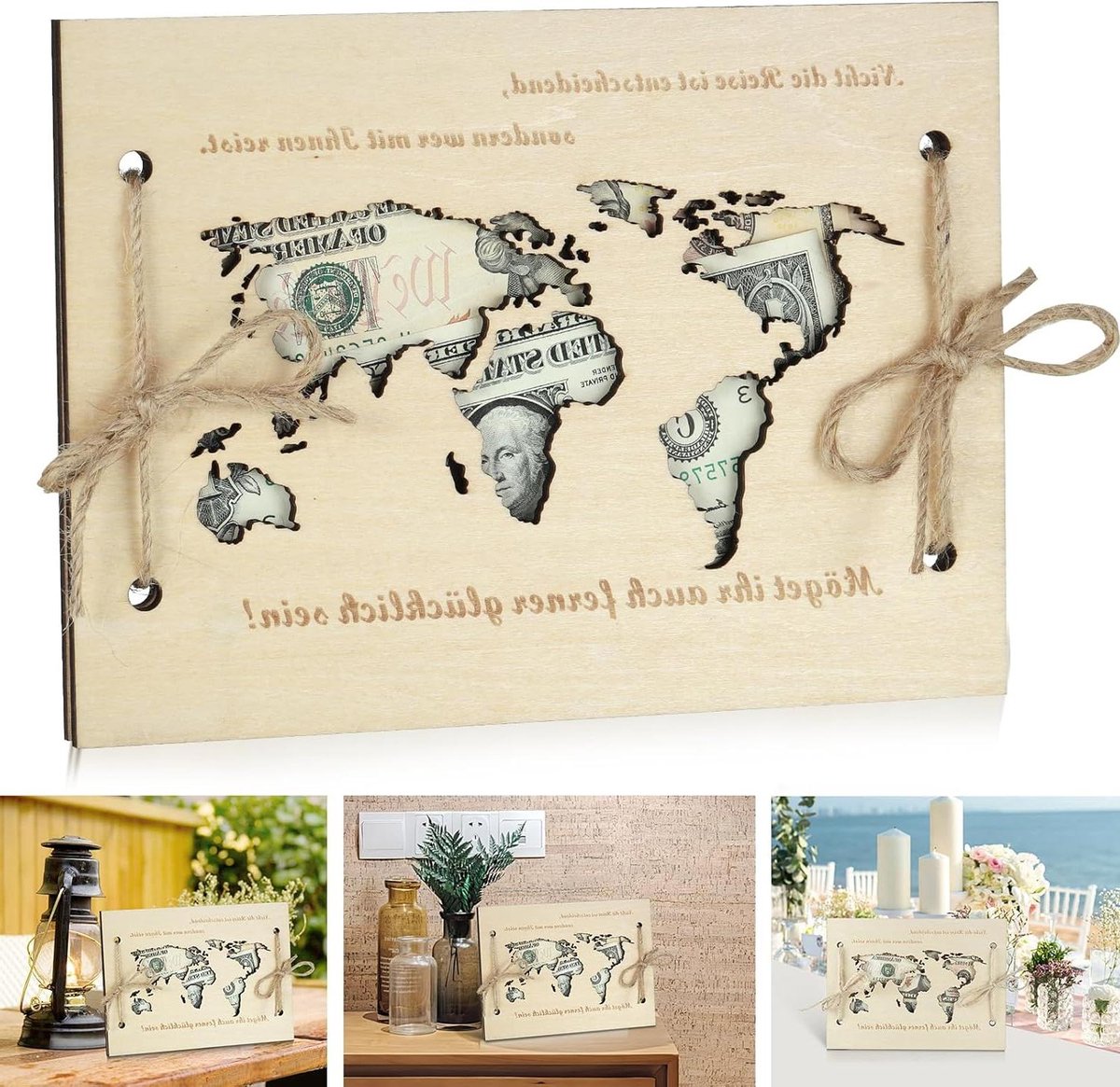 Brenzoos - Bruiloftskaart Geldcadeau Houten Wereldkaart - Origineel Huwelijkscadeau - Creatieve Geldgeschenkverpakking