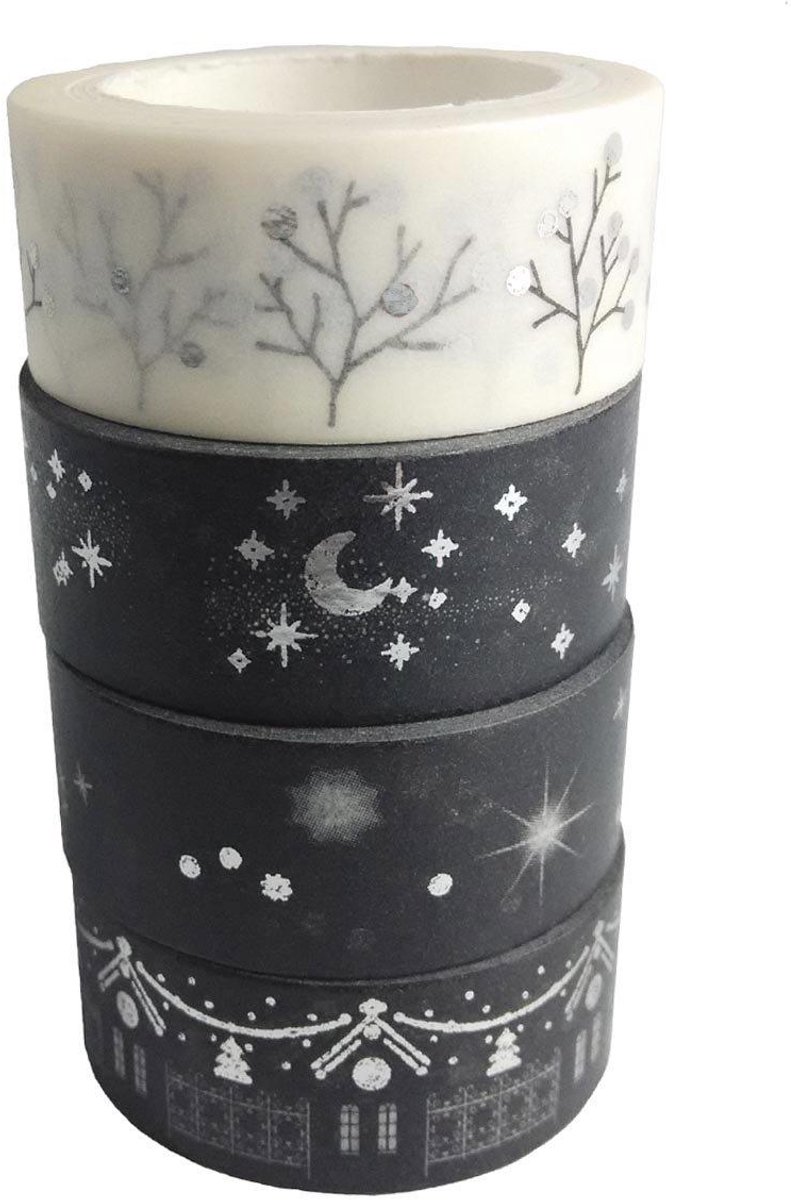   - Decoratieve washi tape set van 4 in zilver - Maskeertape voor hobby en knutselprojecten