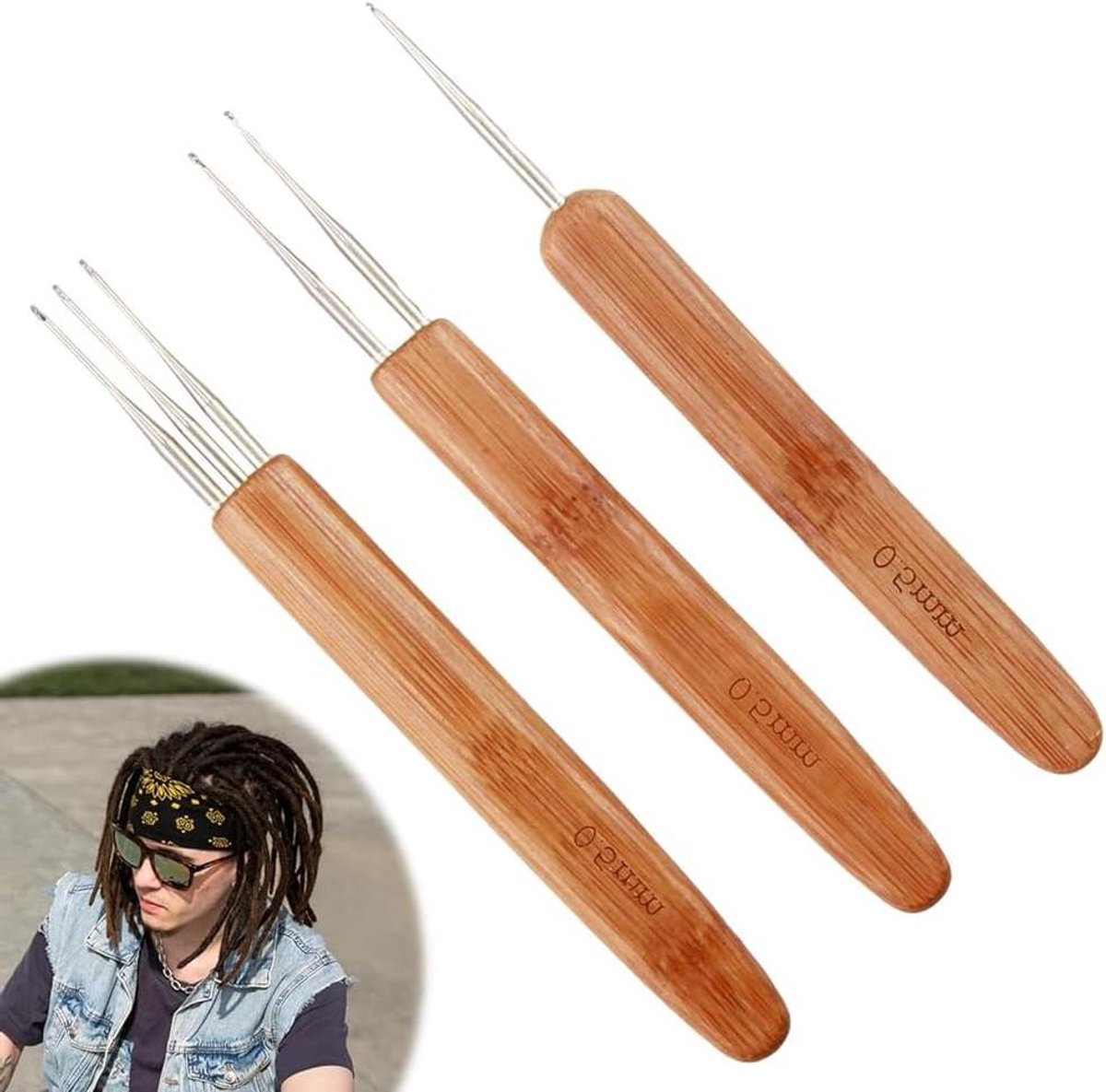 Brenzoos - Dreadlock Haaknaald Set van 3 stuks - Bamboe en Roestvrij Staal - Ideaal voor Dreadlocks, Vlechten en Pruiken - Inclusief 0,5 mm Haak - Diverse Maten