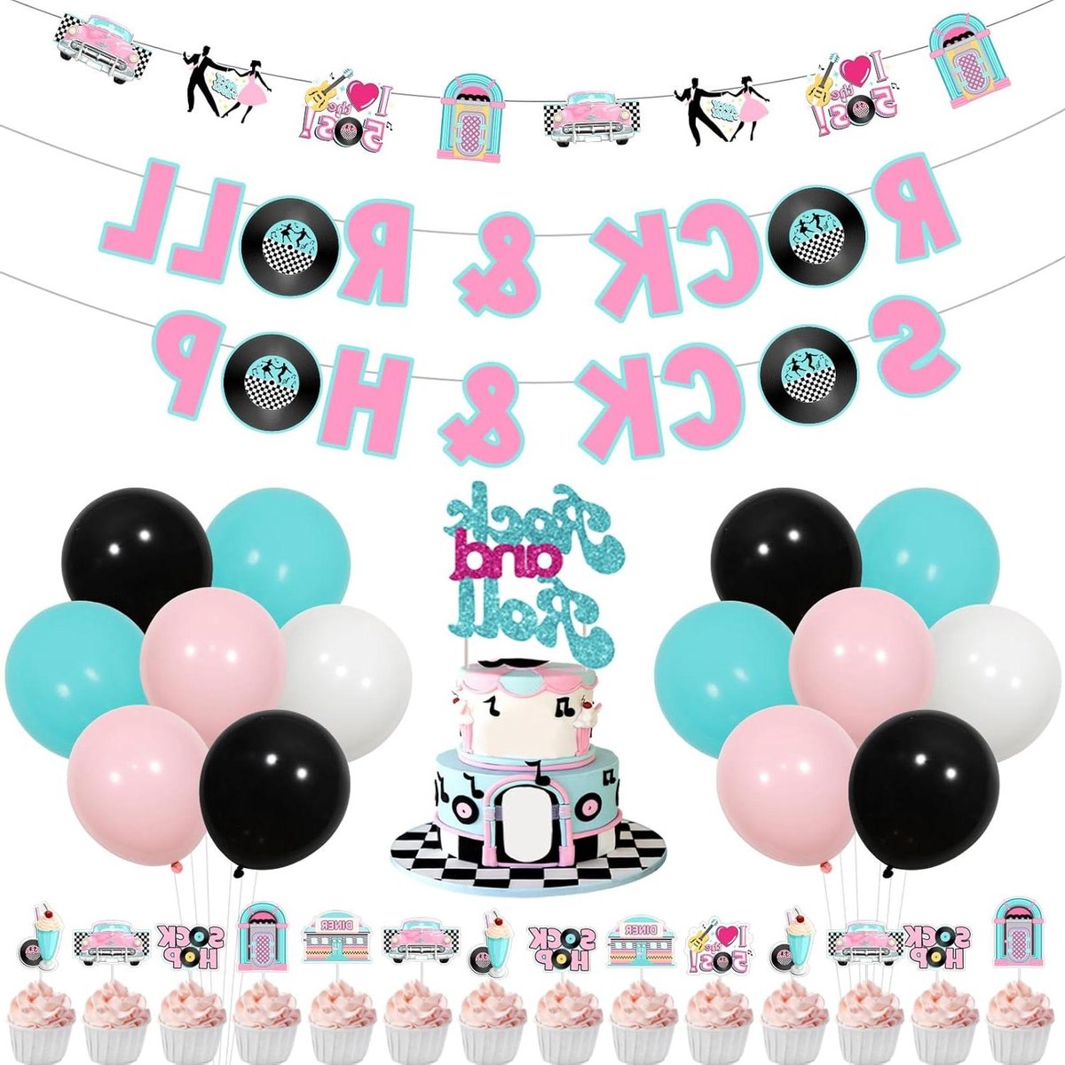 Brenzoos - Feestartikelen jaren 50 decoraties - Rock & Roll themafeest met Banner en Ballonnen